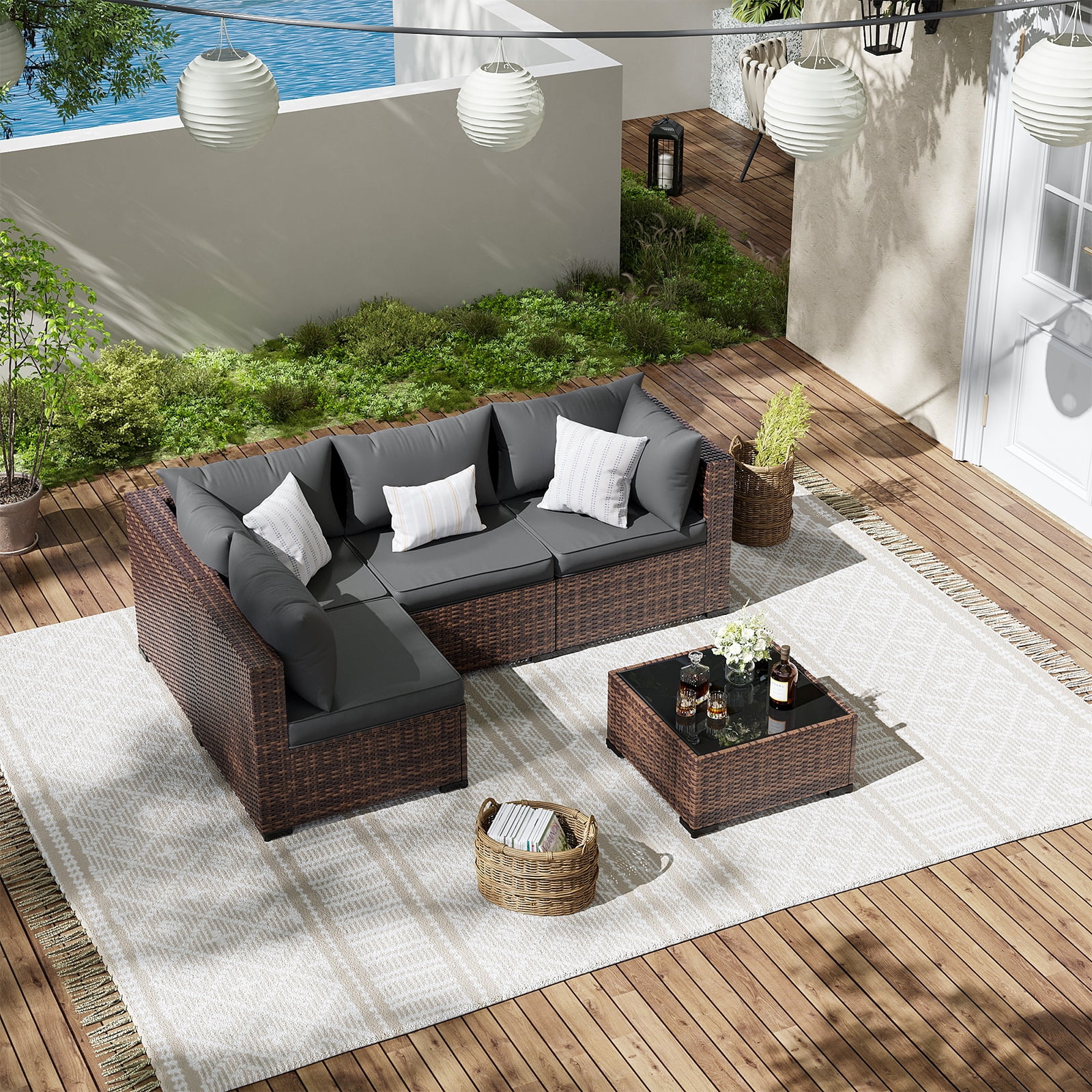 ELPOSUN Patio Furniture Set, Outdoor Patio Furniture Wicker Furniture Couch Set, 5 Pieces Outdoor Sectional Sofa, Patio Furniture Set, Outdoor Patio Set for Balcony Furniture (Grey)