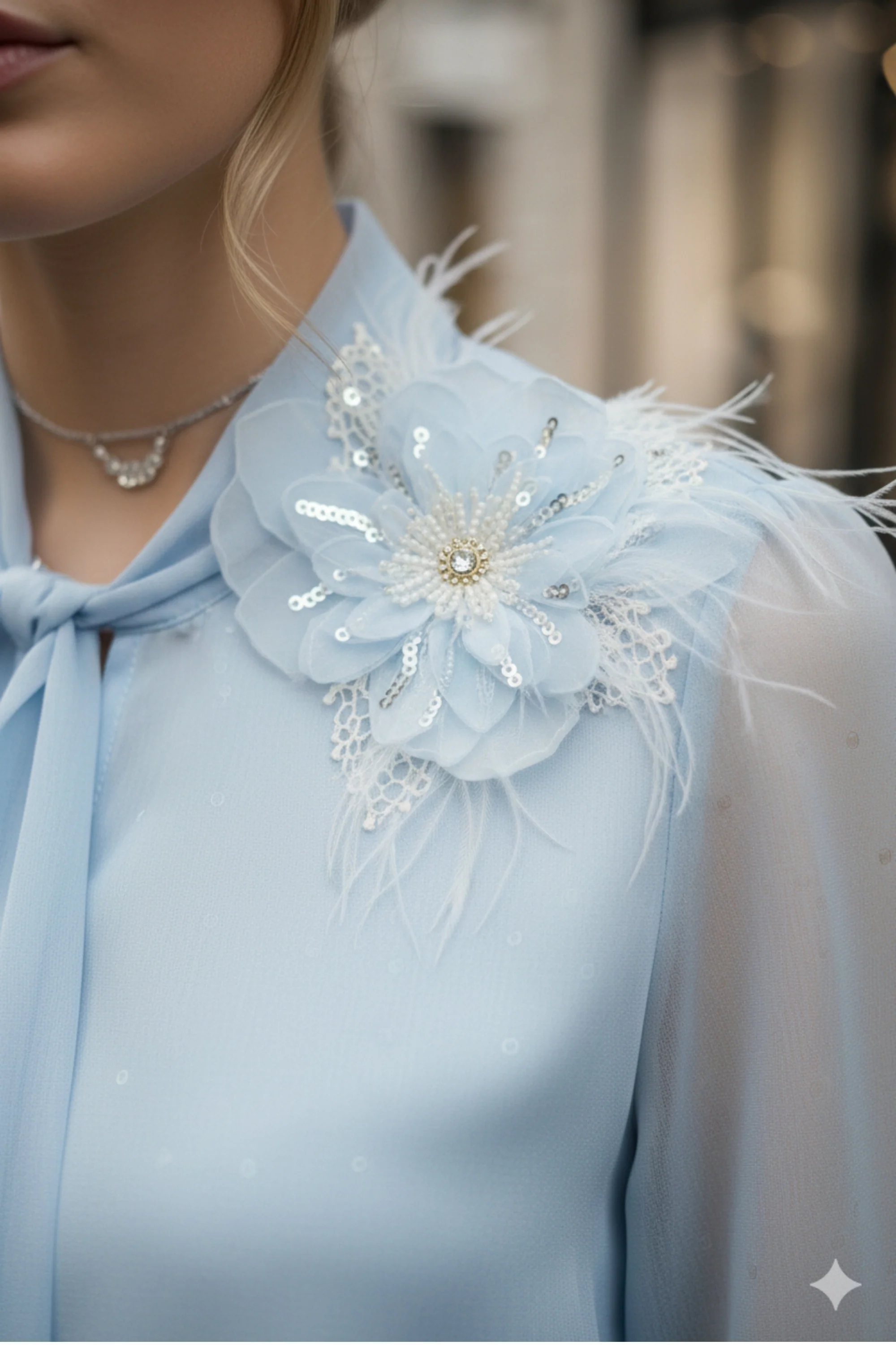 Pearl Blue Embroidered Tissue Top