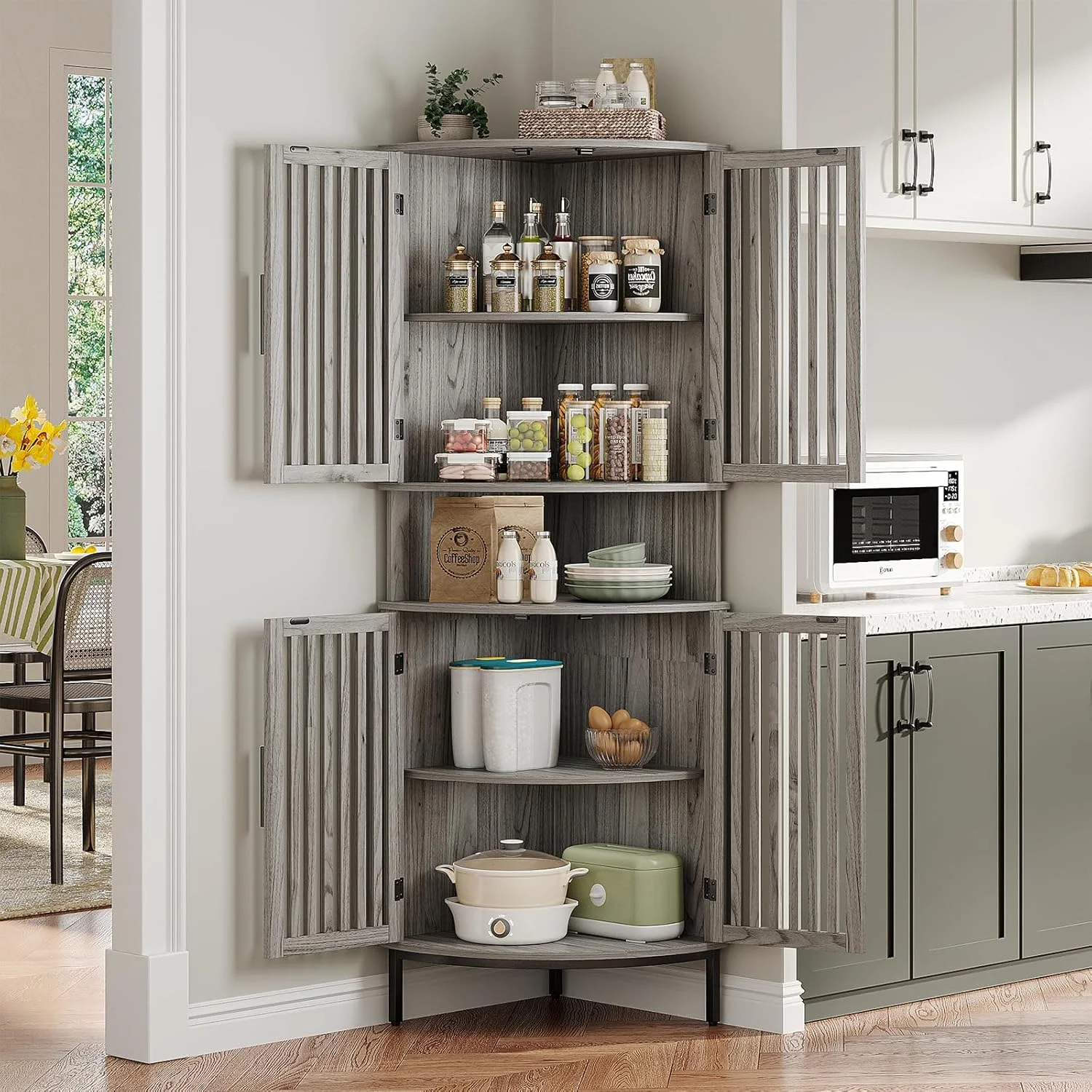 Vabches 68" Tall Corner Storage Cabinet, Farmhouse Corner Cabinet Shelves with Ventilated Louver Door & Adjustable Shelves