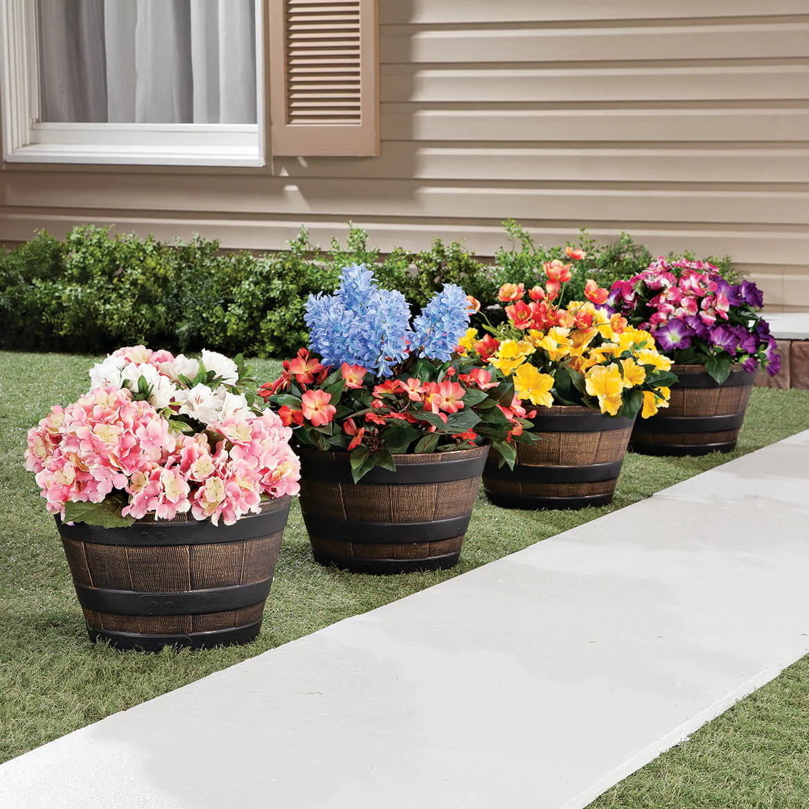 Fox Valley Traders Realistic Wood-Look Barrel Planters, Lightweight Durable Plastic, Set of 4, Each 8�?High x 13