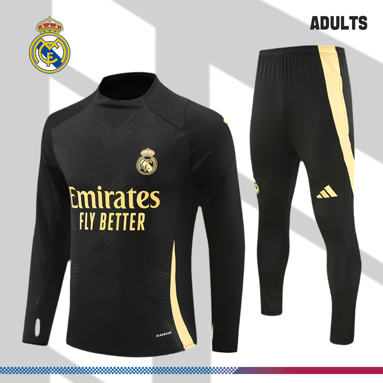 2024/2025 Real Madrid Black Gold Adult Half Zip Training Kit (Adult Kit)