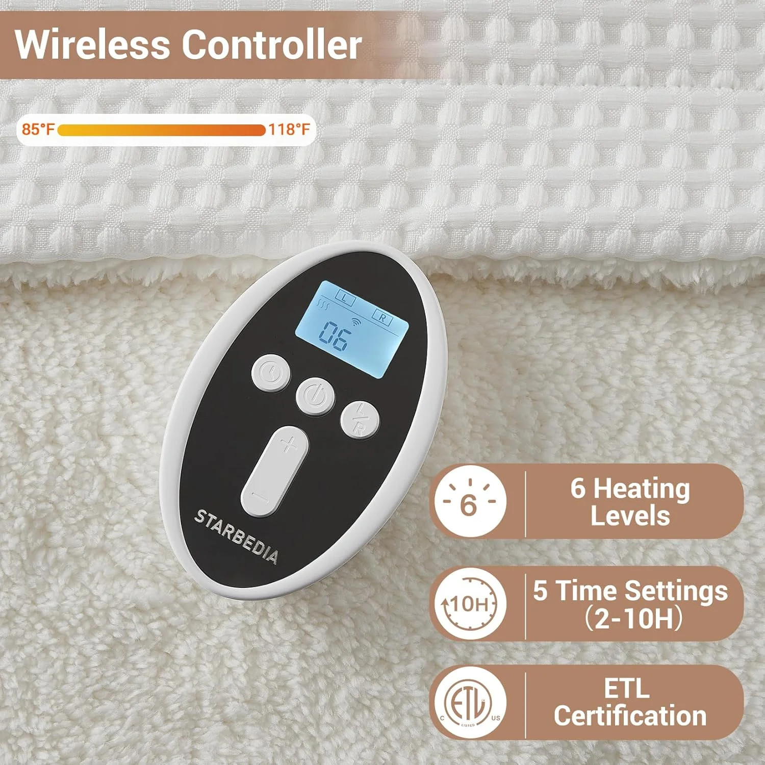 Heated Blanket King Size - Fast Heating Electric Blanket with Wireless LCD Controller, White, 90