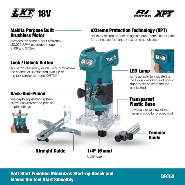 MAKITA DRT52Z 18V LXT BL 1/4 Inches Router, Tool Only