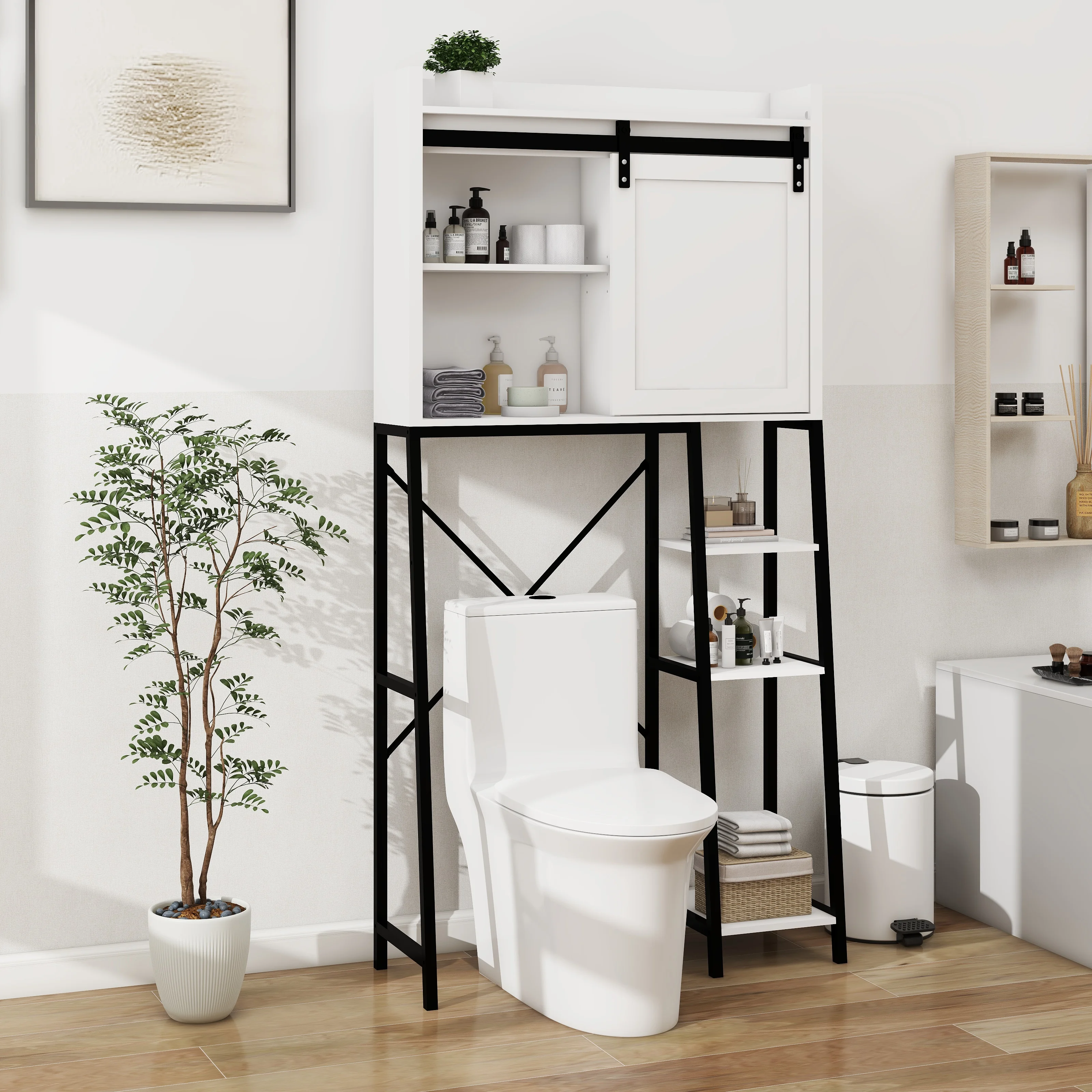 Royard Oaktree Farmhouse Over The Toilet Storage Cabinet, Bathroom Shelves Storage Organizer&nbsp;with Sliding Barn Door, Adjustable Shelves, and Storage Racks, White