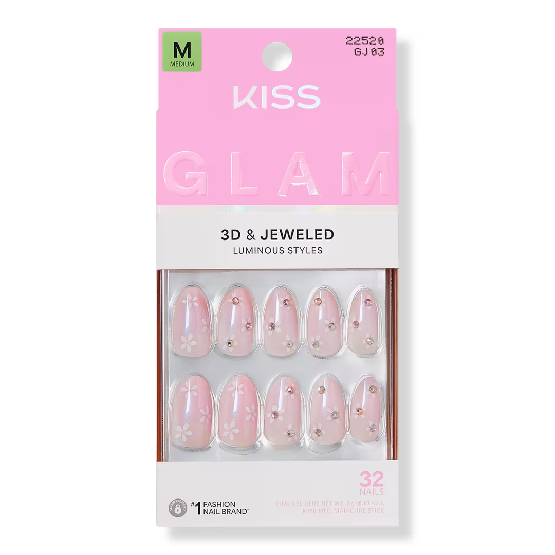 Kiss  Glam Jeweled Medium Almond Press On Nails, Breeze of Bliss