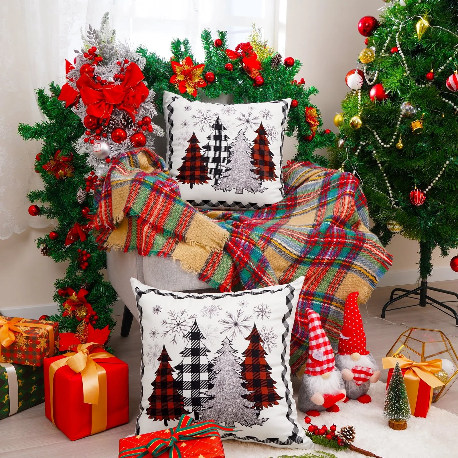 BLEUM CADE Christmas Pillow Covers 18 x 18 inch Grey Snowflakes Christmas Tree Throw Pillow Covers Set of 2,Xmas Buffalo Plaid Cushion Cover Winter Holiday Decorative Pillow Cases