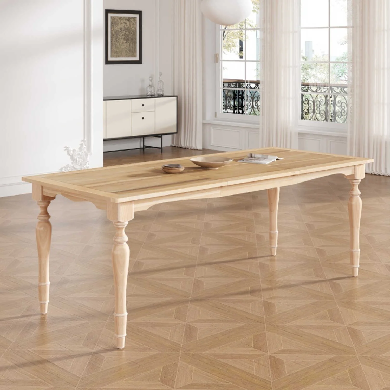 BOFANG 82.7 Inch Solid Wood Extendable Dining Table for 8, Farmhouse Kitchen Table with Removable Leaf