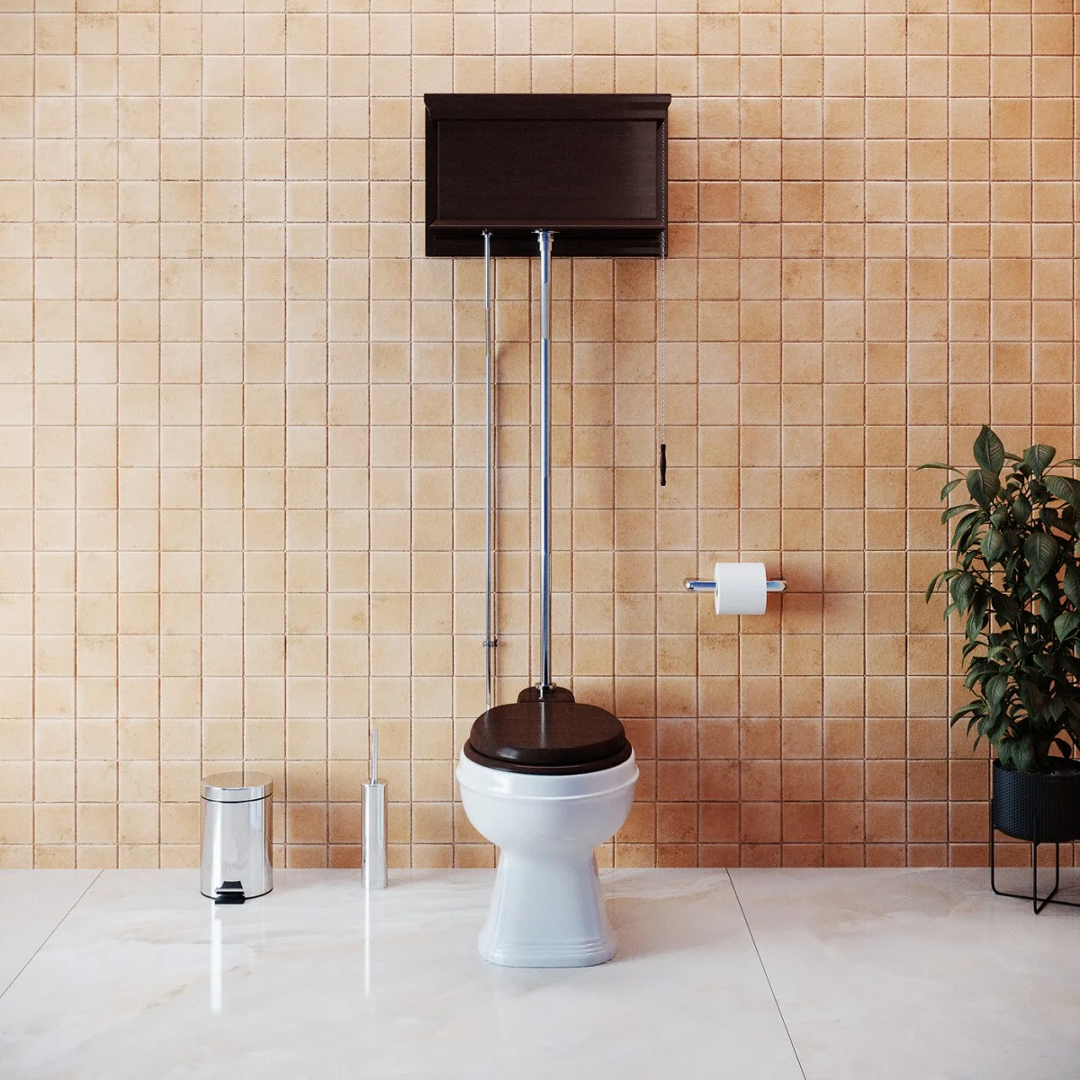 High Tank Pull Chain Toilet Wooden Tank Elongated White Bowl 1.6 GPF 59"- 74" Renovator's Supply