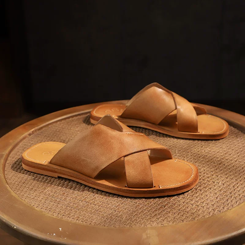 Hand-washed cowhide cross-cool slippers