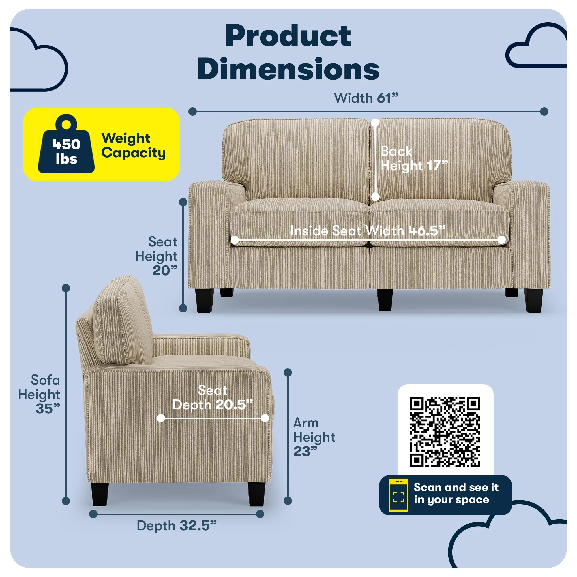 Serta Palisades 61" Track Arm Sofa Loveseat with Removable Covers Beige