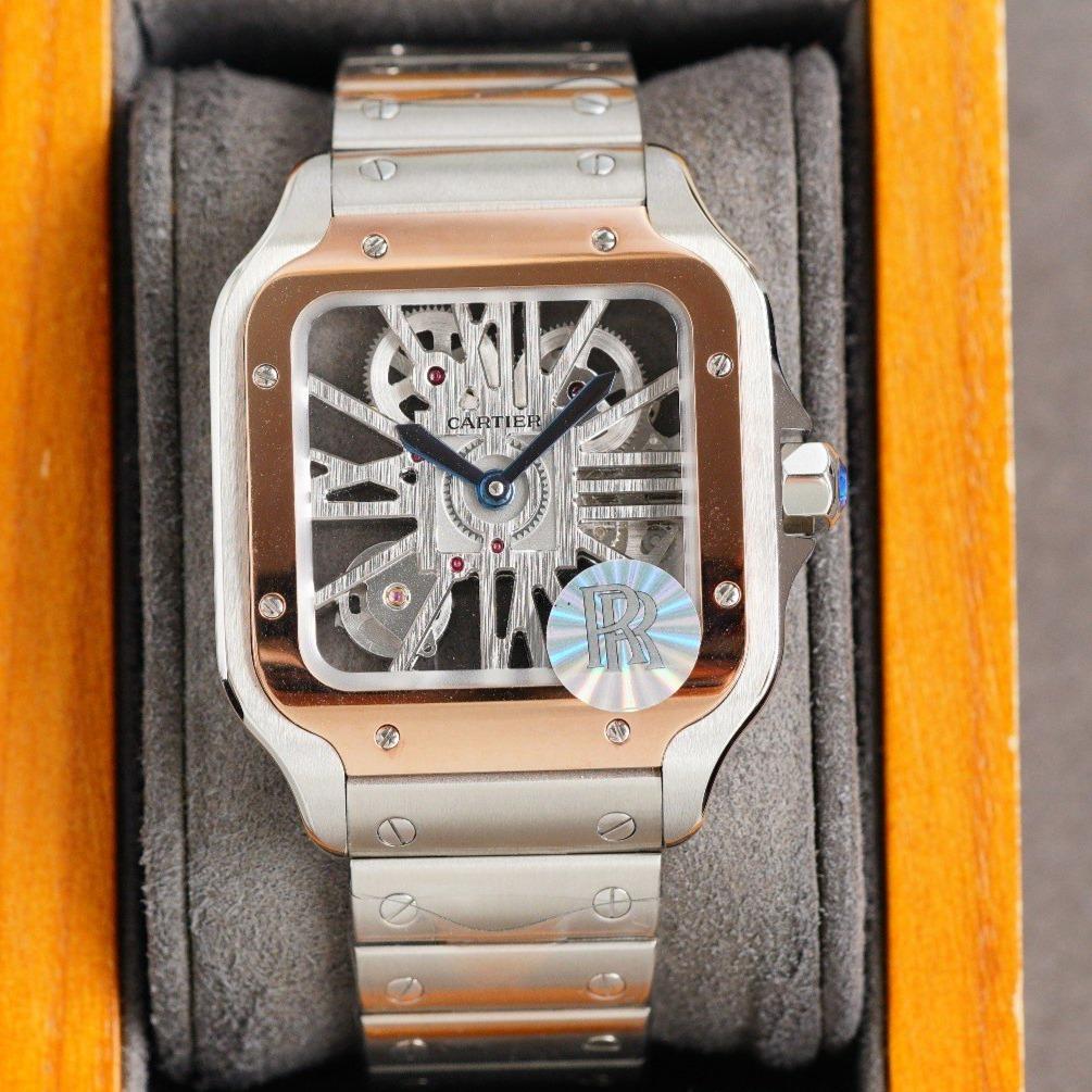 Cartier Watch SANTOS DE CARTIE STAINLES STEEL SKELETON DIAL ROSE GOLD BEZEL