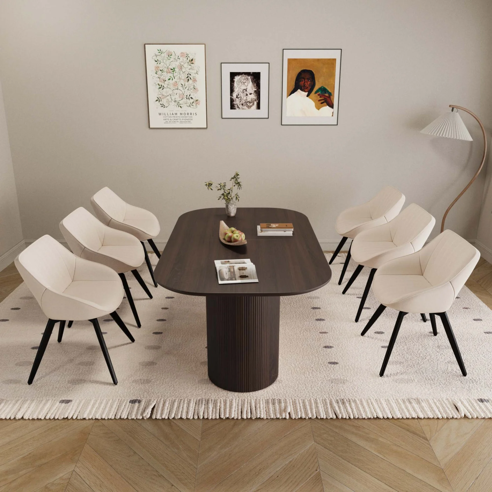 63" Oval Dining Table Set for 6, Wooden Dining Roon Table and 6 PU Swivel Armchairs, Modern Dining Set with High Backrest and Waterproof Tabletop for Living Room,  Beige+Brown