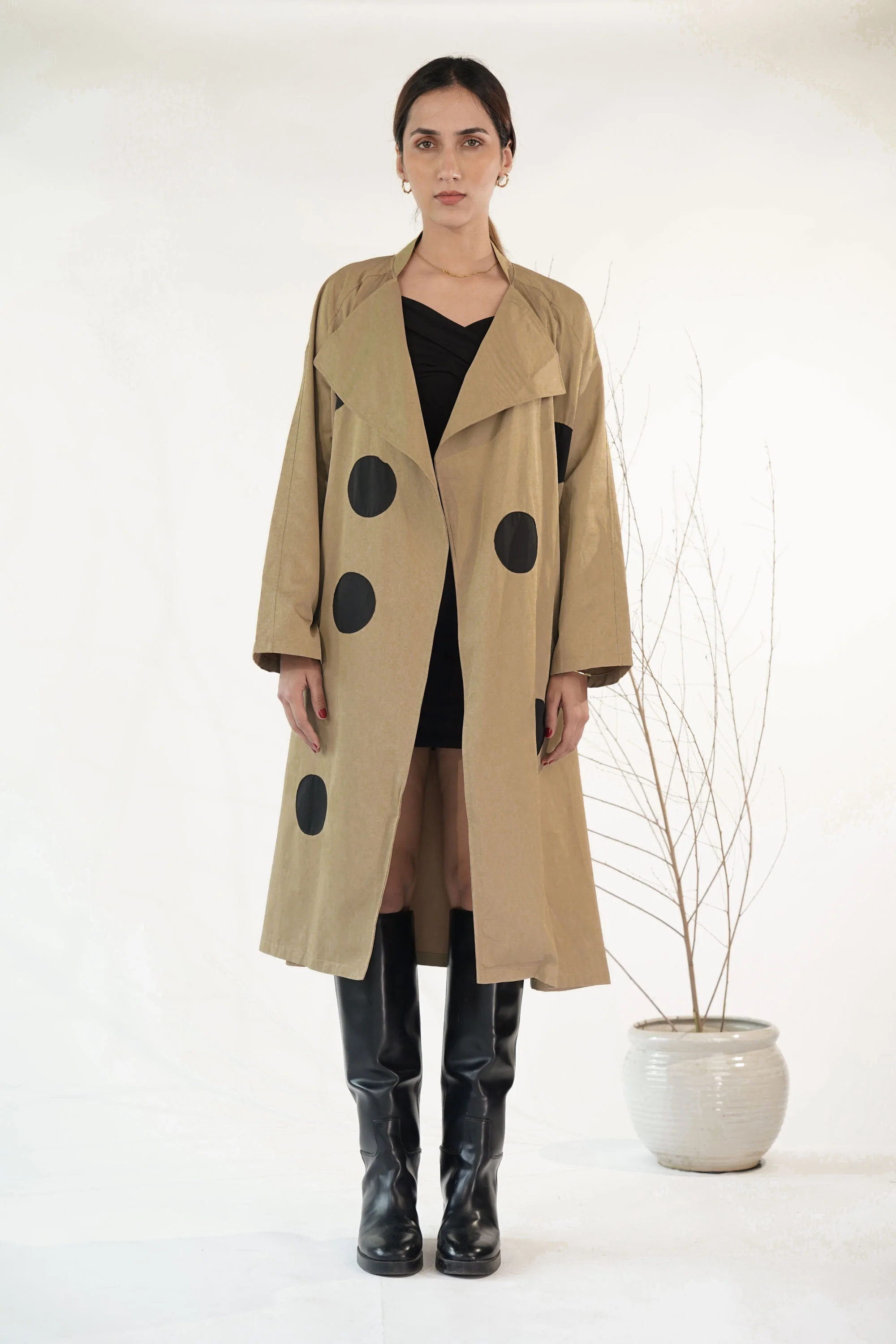 Light Brown Trench Coat With Patch Polka Dot