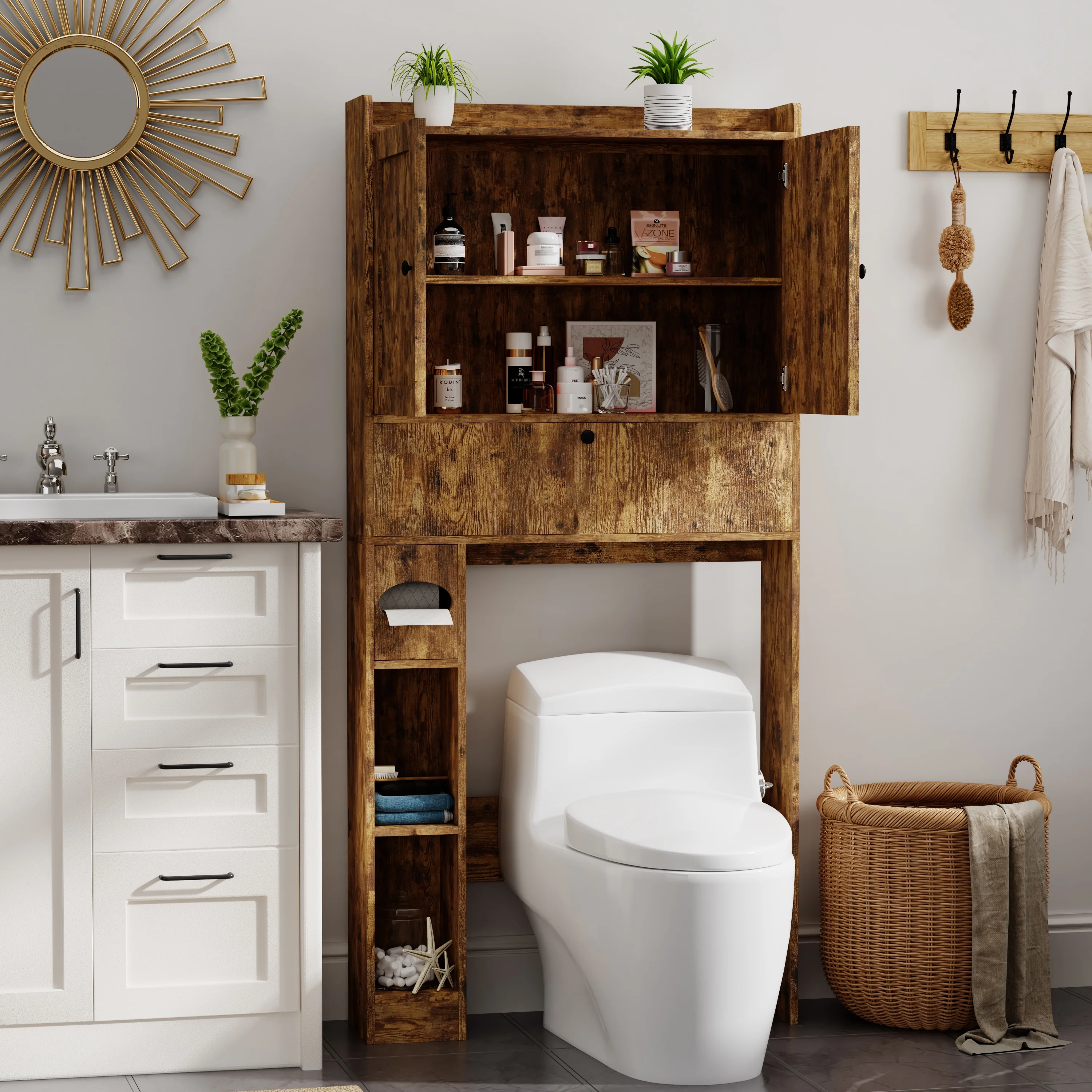 Over The Toilet Storage Cabinet,Bathroom Storage Cabinet with Wooden Doors,Bathroom Organizer Over-The-Toilet Cabinet(Distressed Brown)