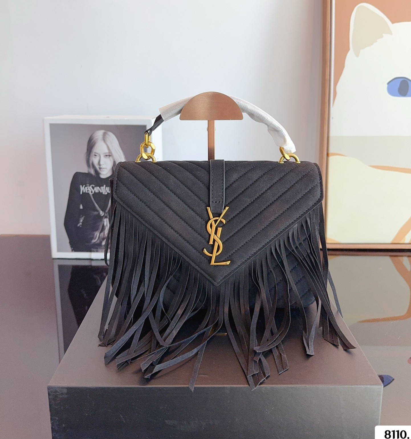 YSL Black Fringe College Matelassé Suede Chevron Quilted YSL Logo Shoulder Top Handle Bag