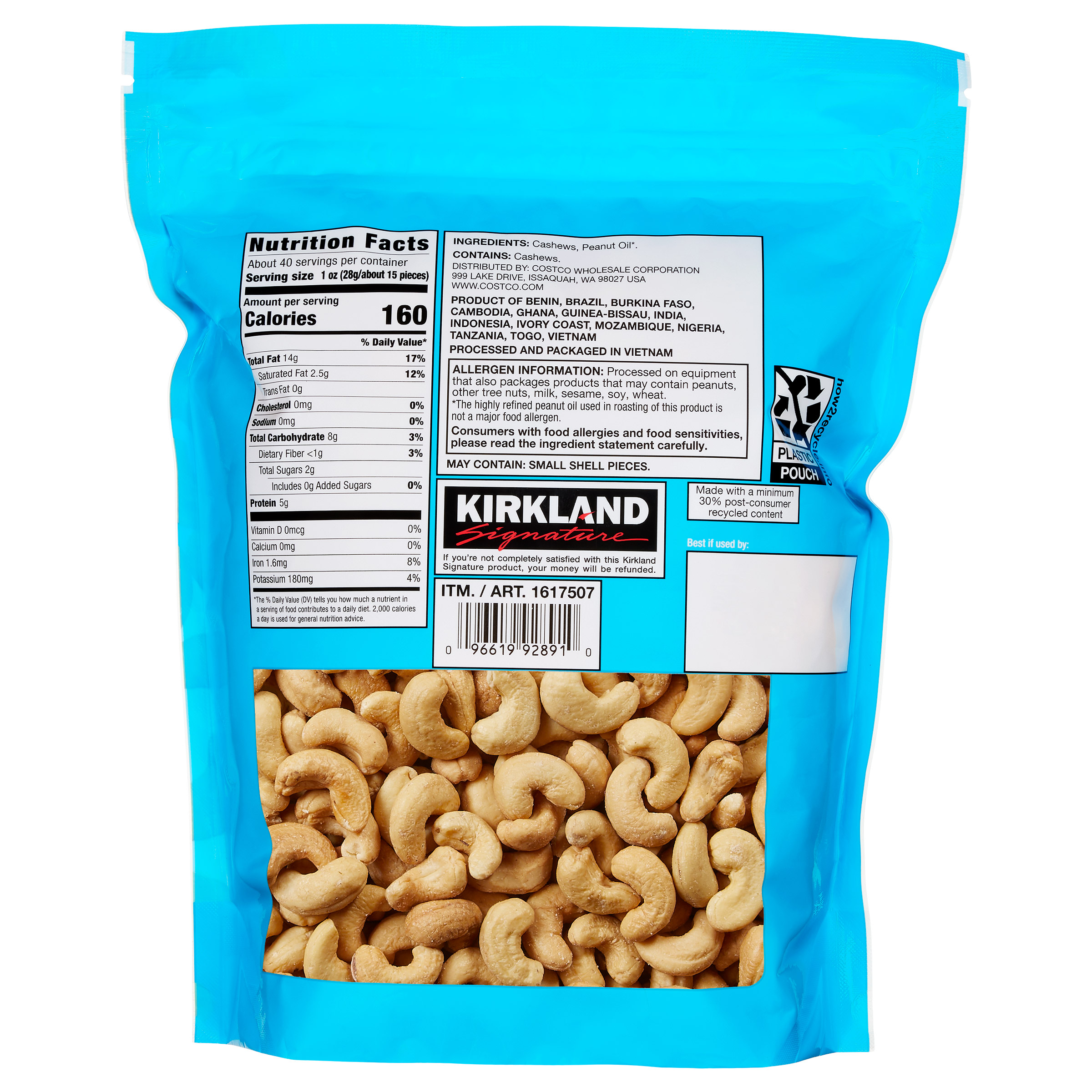 Kirkland Signature Fancy Whole Cashews, Unsalted, 2.5 lbs