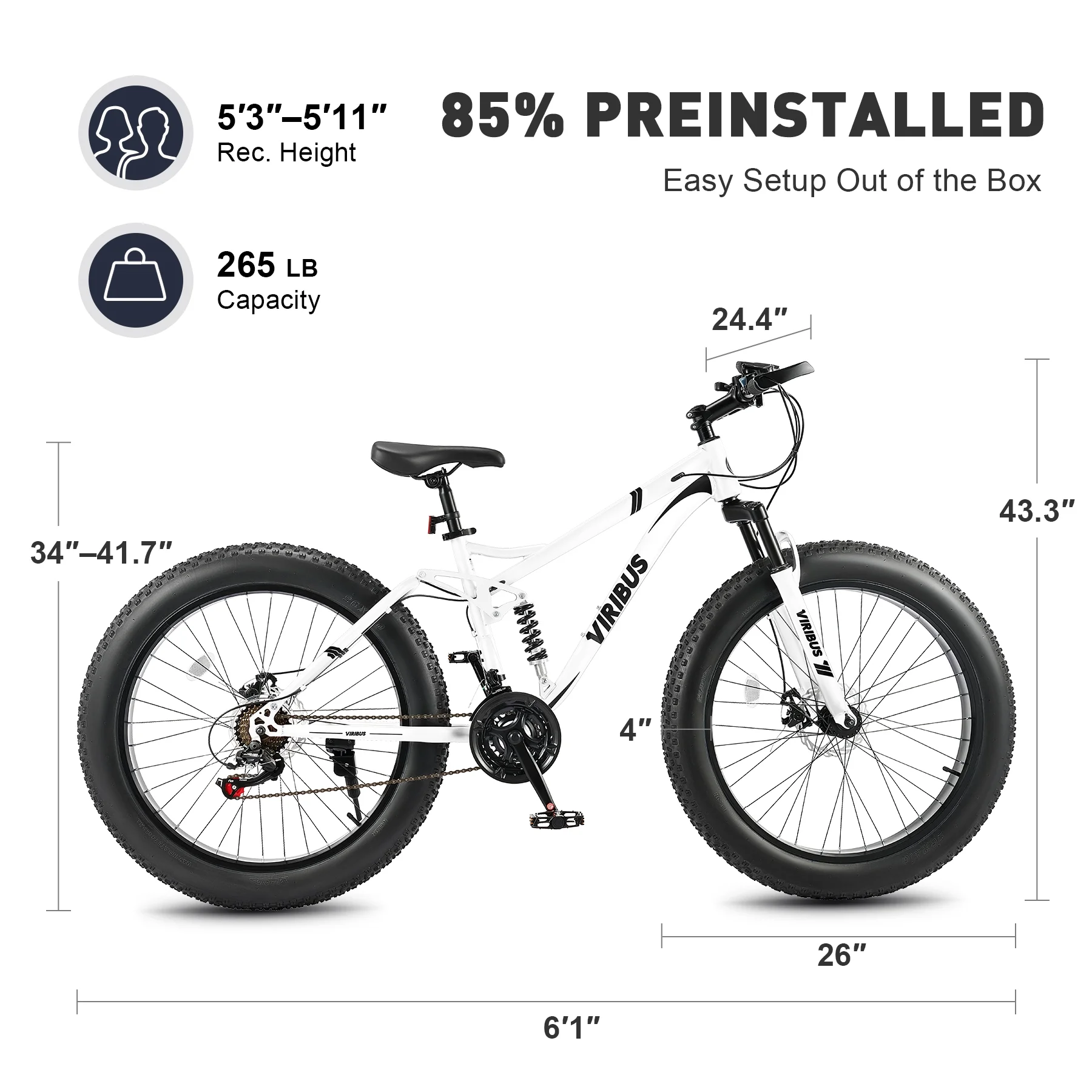 Viribus Full Suspension Mountain Bike 21 Speed 26" Fat Tire Bicycle for Men Women White