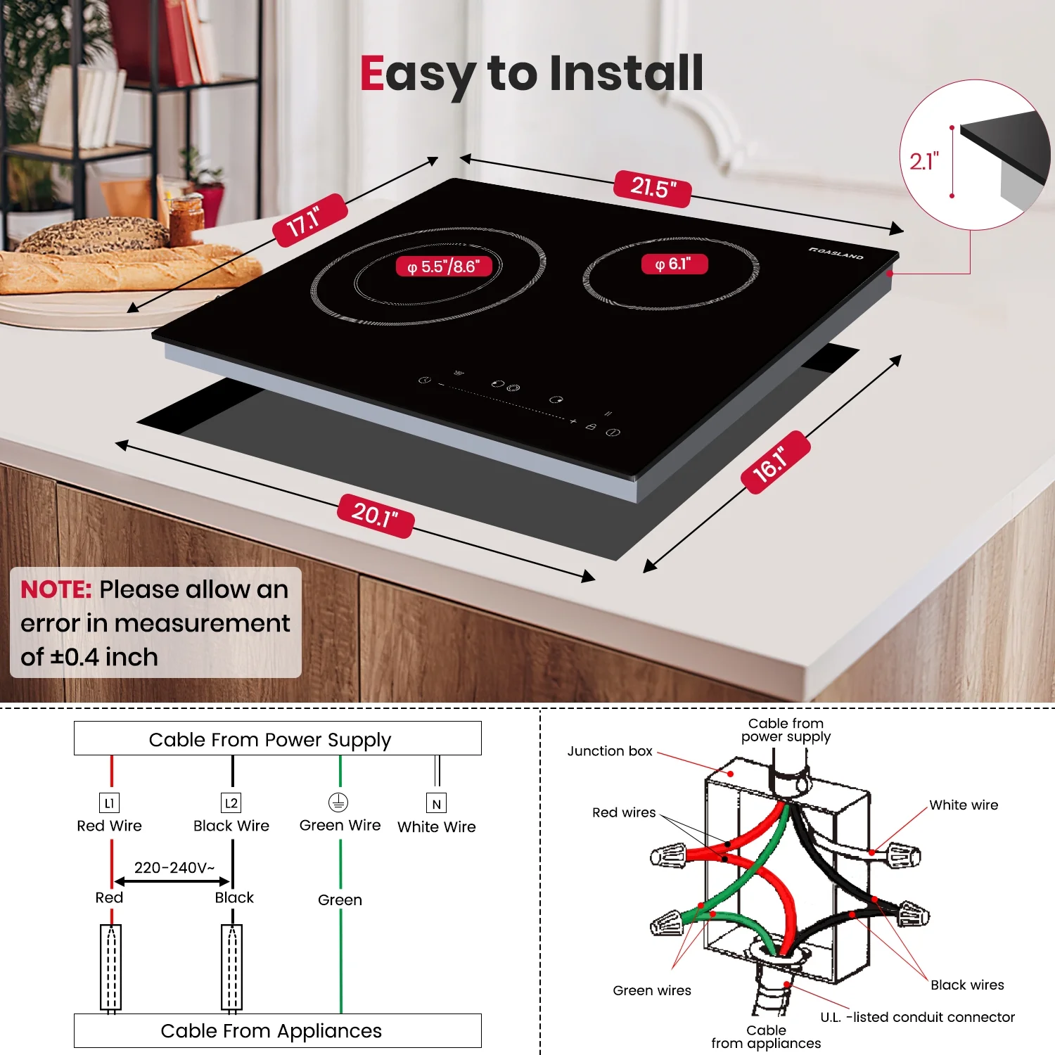 GASLAND 21 Inch 2 Burners Electric Cooktop, ETL Certificated,  Built-in Radiant Ceramic Apartment Cooktop, 3700 W Electric Stove Top, 240 V