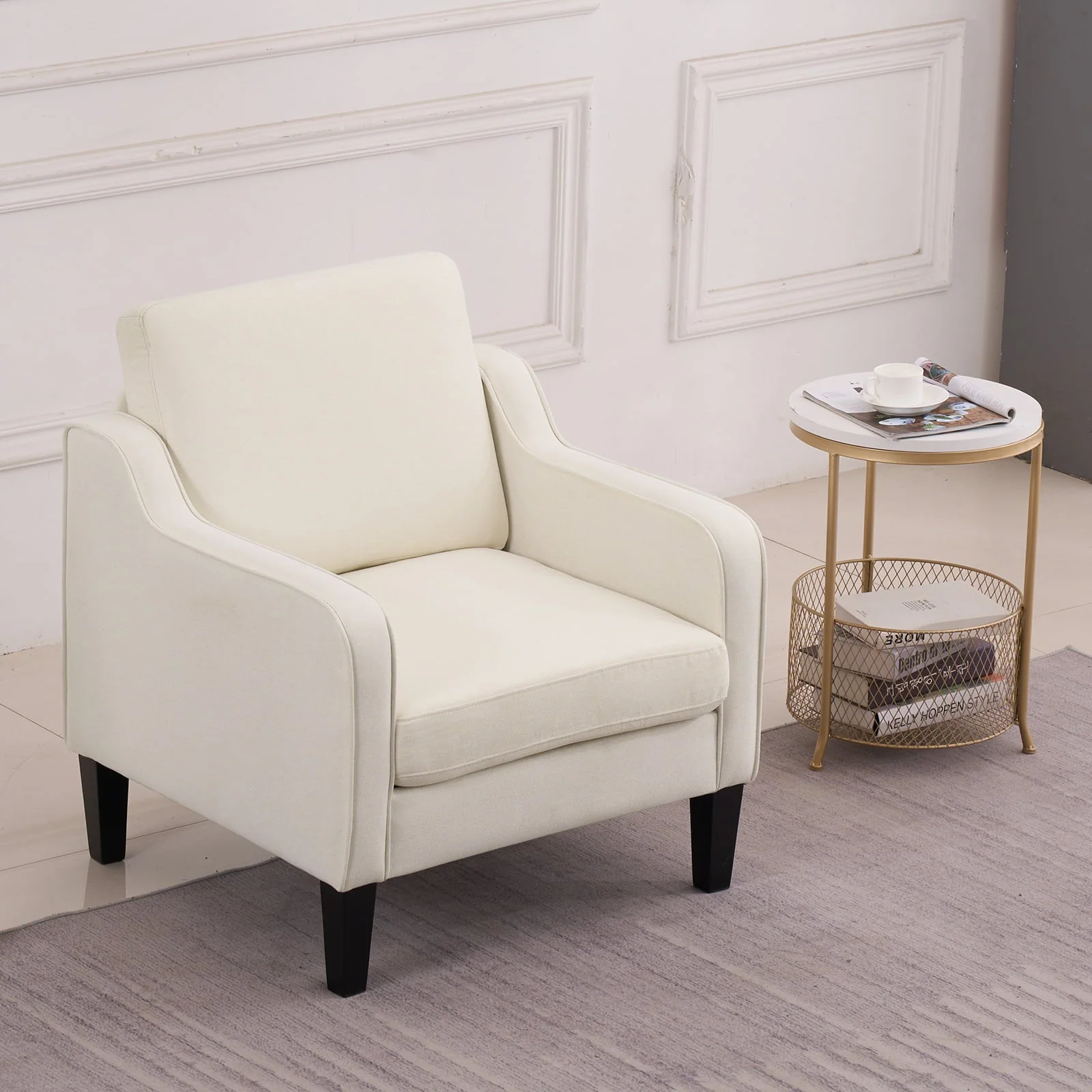 VINGLI Mid-century Modern Accent Chair,Beige Fabric Accent Chair for Living Room Upholstered Armchair with Scooped Arms for Bedroom,Apartment,Studio,Office,Waiting Room