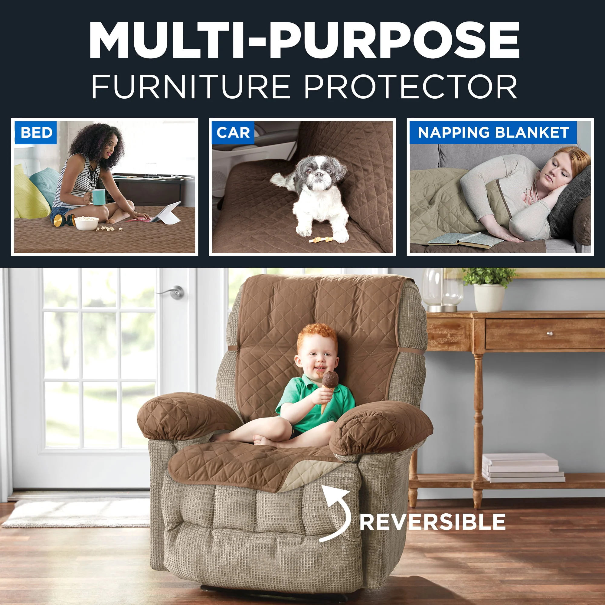 Mainstays Recliner Reversible Quilted Microfiber Pet Cover Multipurpose Furniture Protector, Tan/Brown, 3-Piece