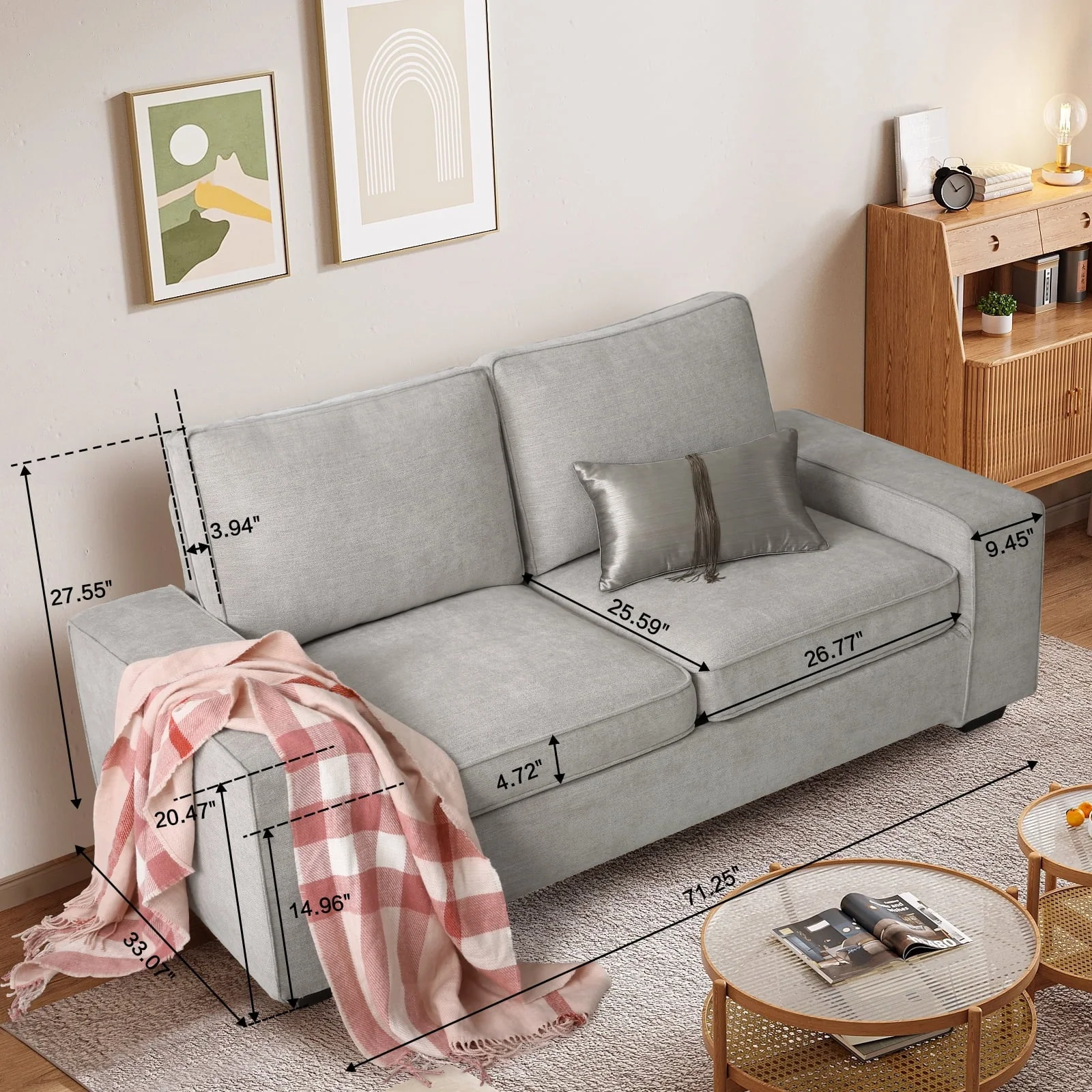 Fairyland 71.25" Modern Loveseat Sofa, 2 Seater Sofa & Couch, Living Room Furniture, Grey