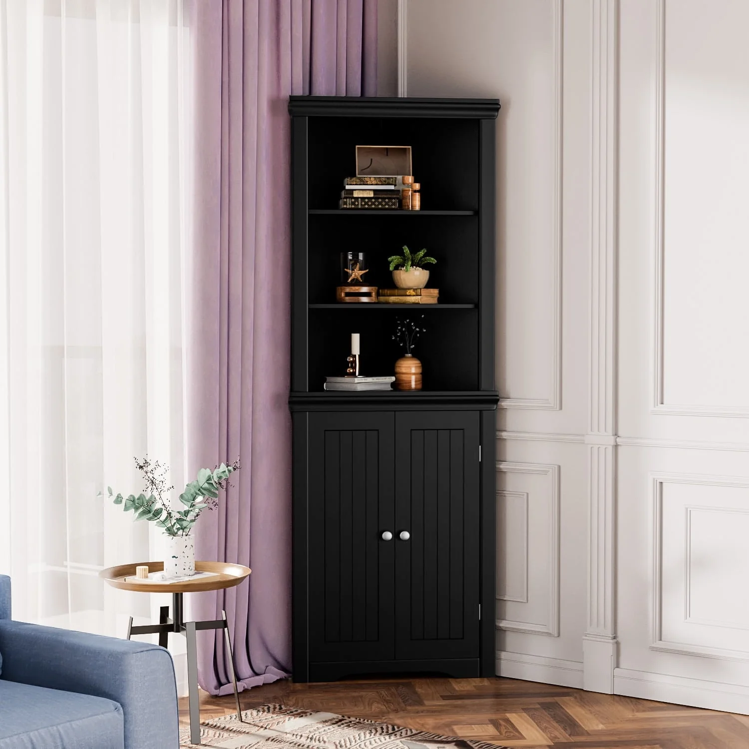 Furmax Corner Bookcase with Storage, Corner Bookshelf Stand Storage Rack for Living Room, Home Office, Kitchen, Small Space,White