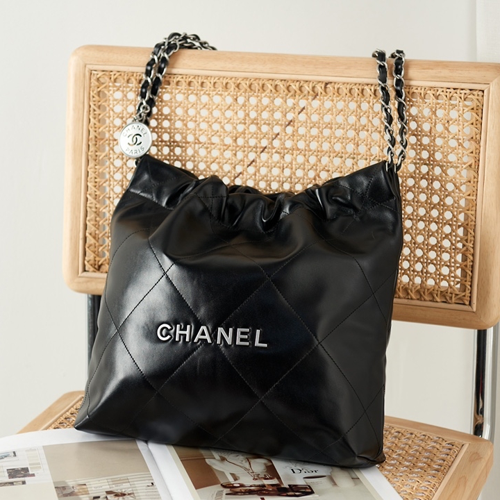 Chanel 22 Handbag Shiny Calfskin & Silver-Tone Black Bag