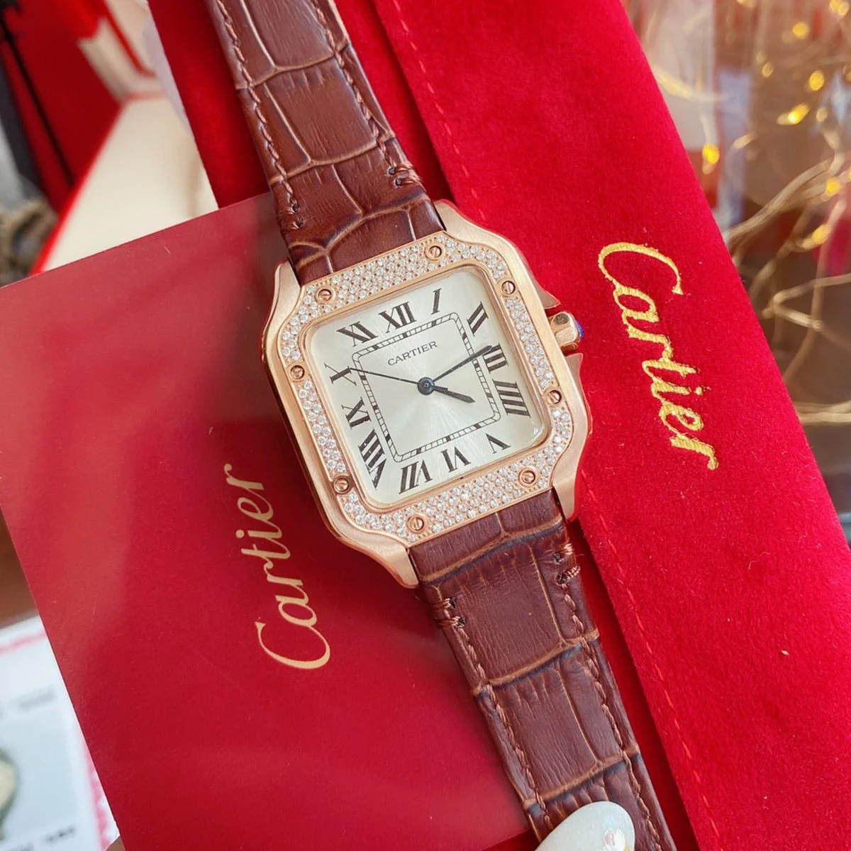Cartier Watch SANTOS LADY 35MM QUARTZ ROSE GOLD CASE DIAMOND BEZEL LEATHER