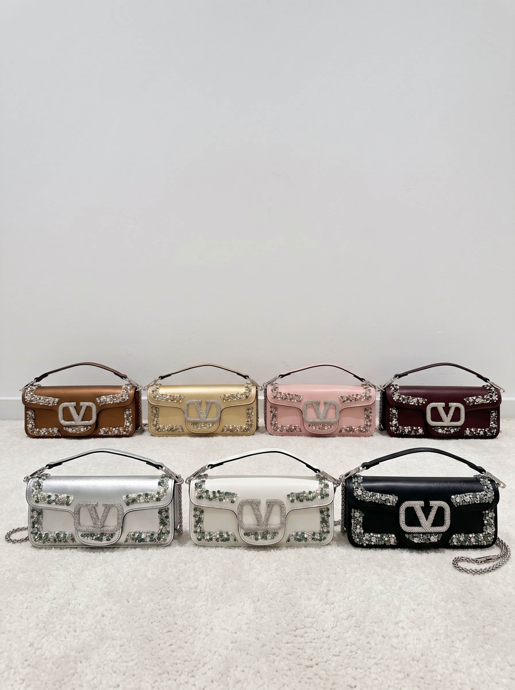 Valentino Loco Jewel Medium Leather Crystal Pearl Bead-Embroidered VLogo Flap Chain Horizontal Shoulder Bag