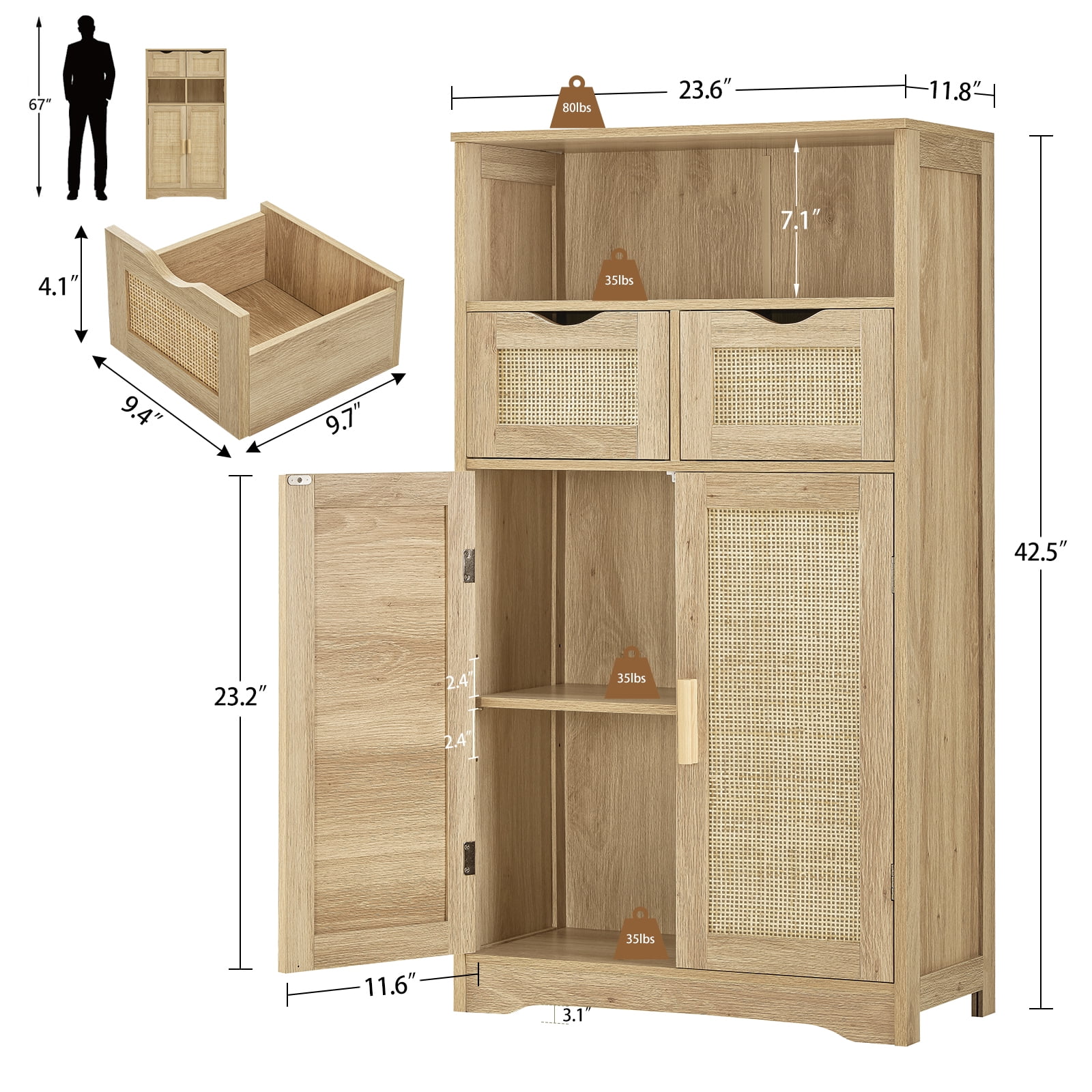 FANGSUM Rattan Storage Cabinet with 2 Drawers & 2 Shelves, Floor Cabinet for Living Room
