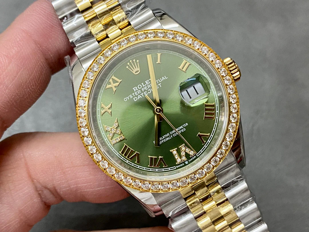 Rolex Watch DATEJUST 36MM GOLD STEEL DIAMOND BEZEL GREEN DIAL