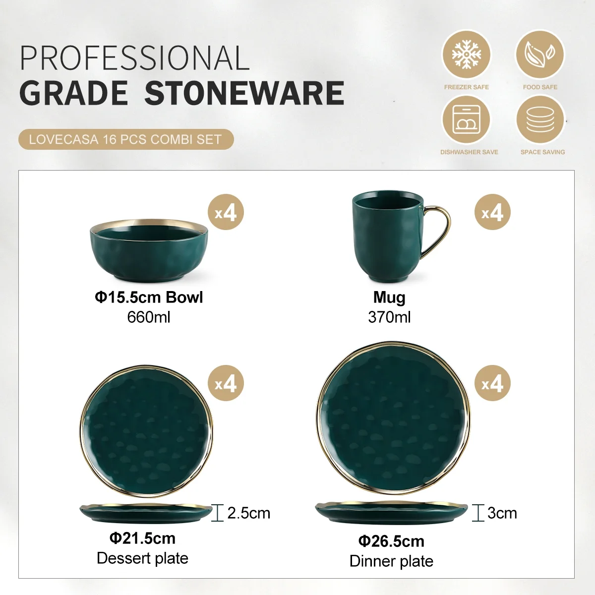 LOVECASA, 16-Piece Stoneware Dinnerware Sets, Dark Green and Gold Dinner Set, for 4 People