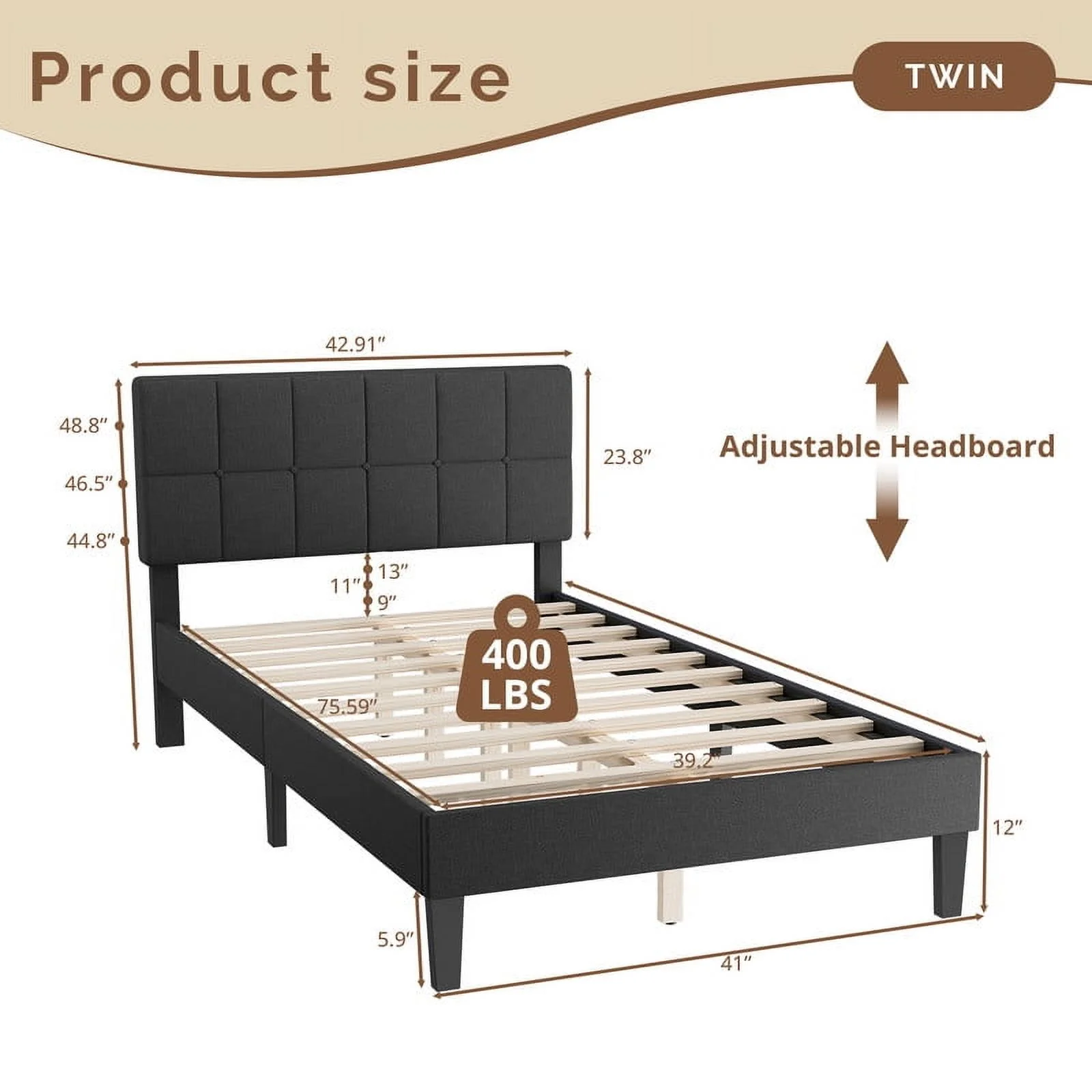 TINKLE WELL Twin Size Platform Bed Frame with Adjustable Headboard, 6" Under-Bed Storage, Solid Wood Frame, No Box Spring Required, 800LB Support, Quiet & Sturdy, Dark Grey