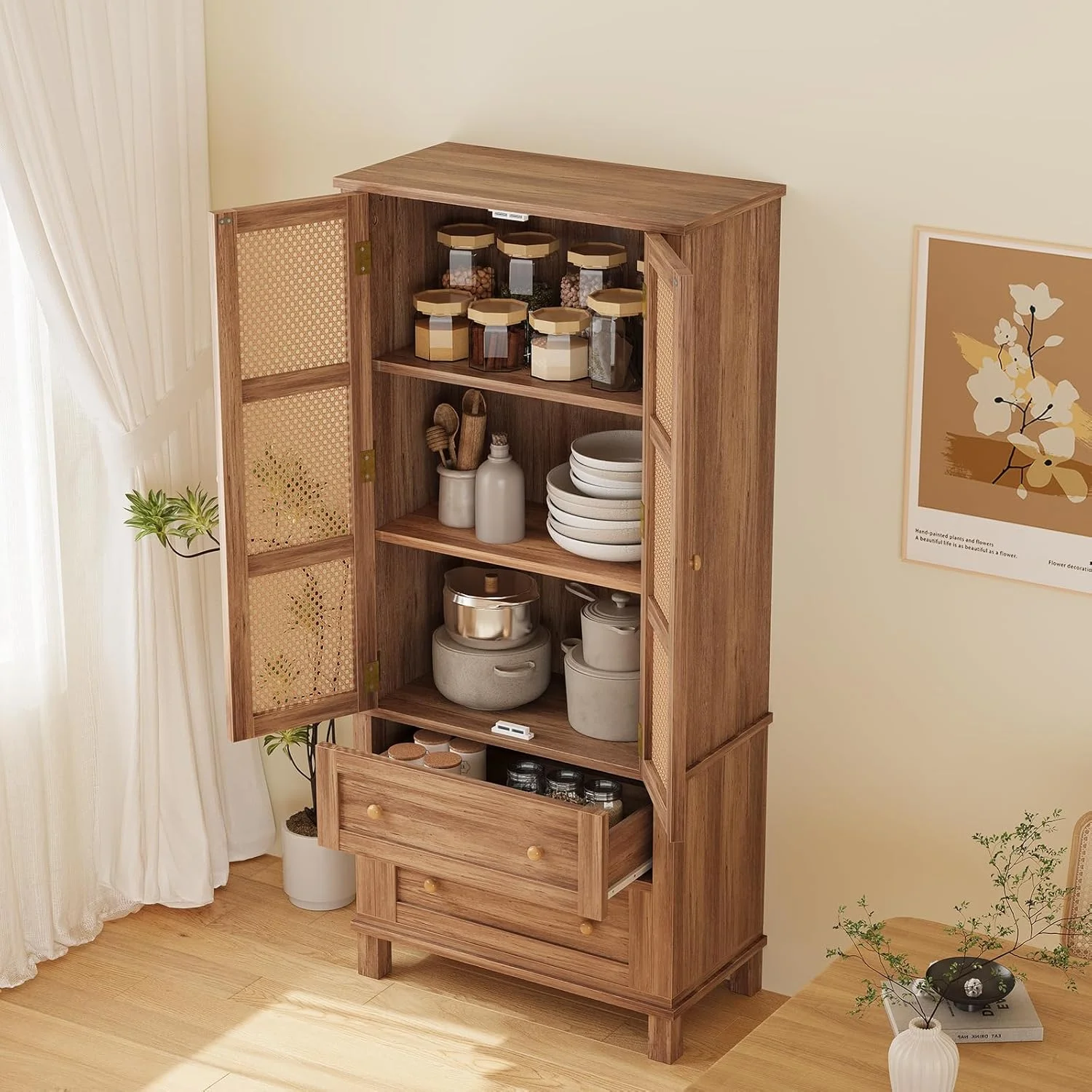 Kitchen Pantry Storage Cabinet with 2 Rattan Doors and 2 Adjustable Shelves, 64