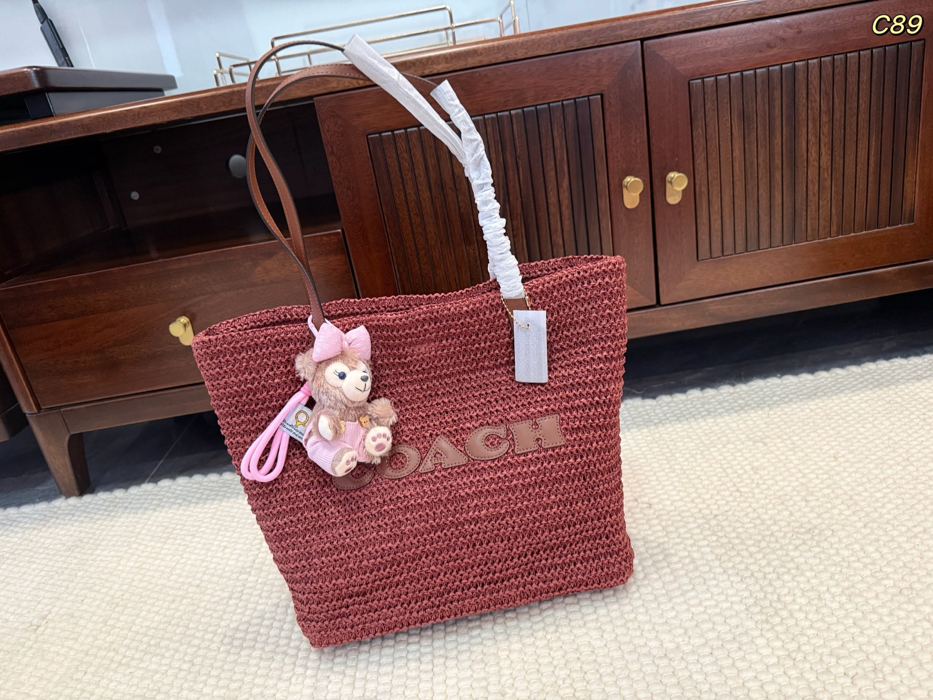 Coach Striped Straw Tote Bag