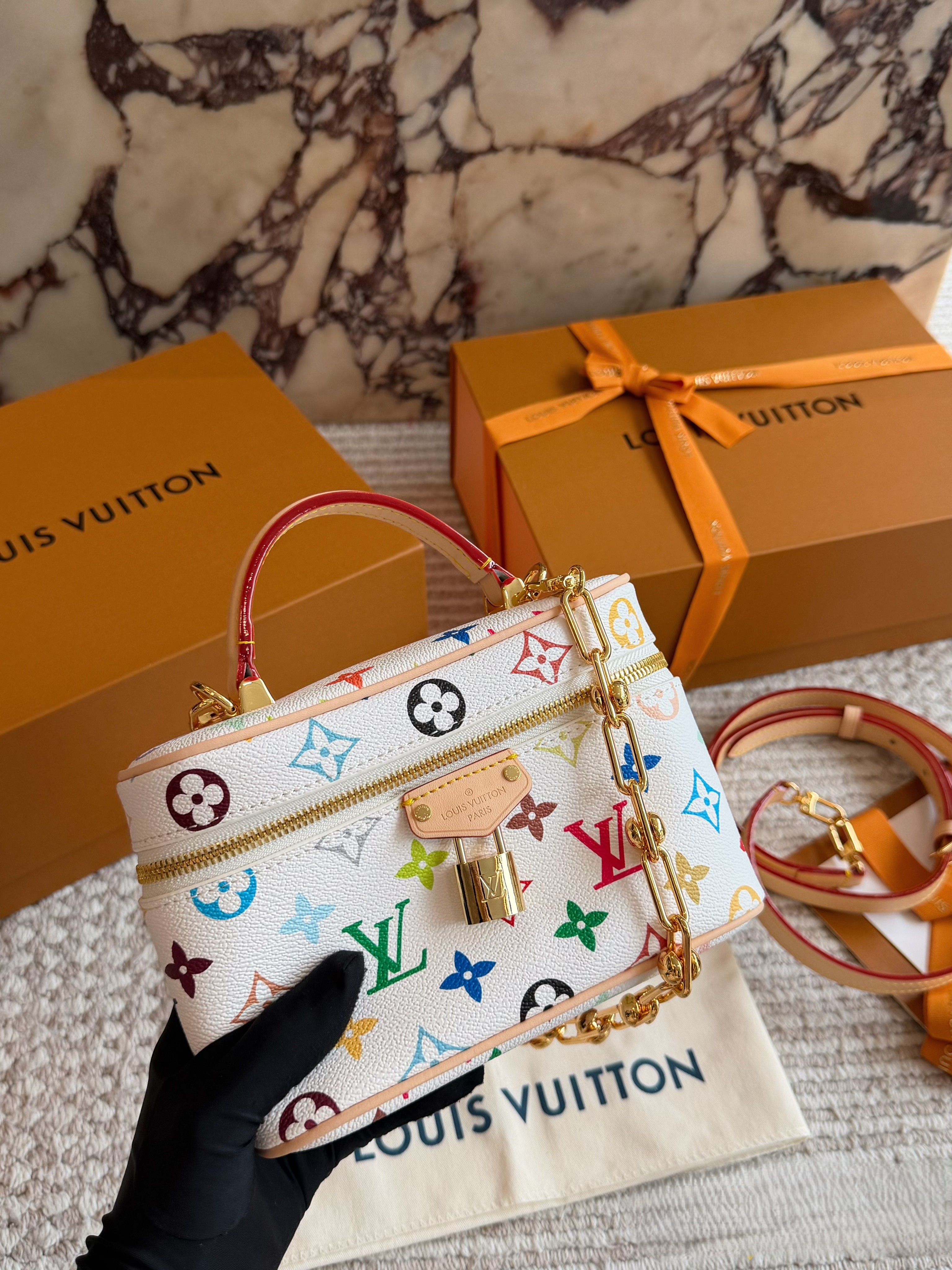 LV x TM Mini Nice Vanity White Monogram Multicolored Canvas Crossbody Top Handle Bag