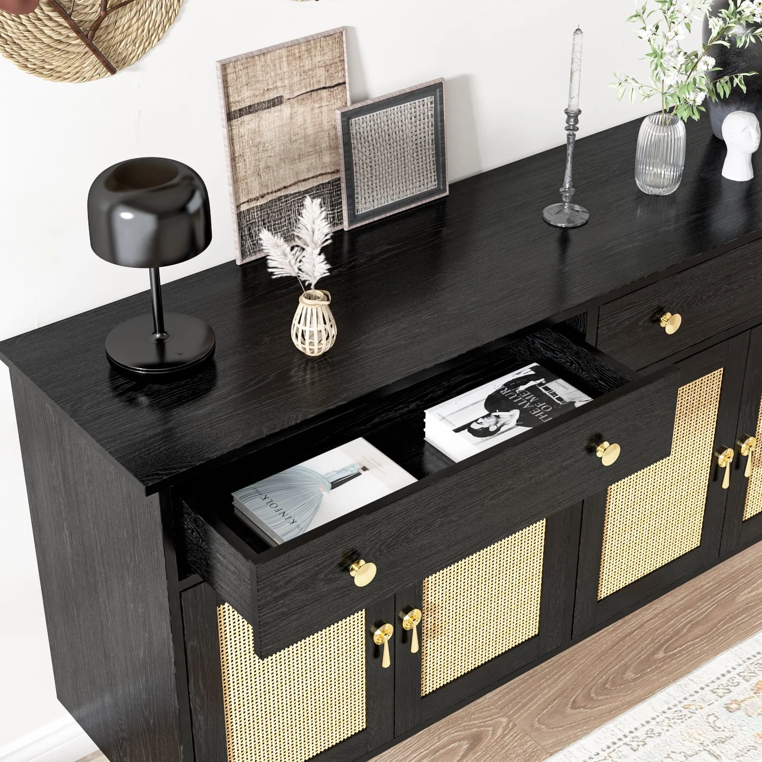 Catrimown Sideboard Buffet Cabinet, 2 Drawer and 4 Rattan Door Sideboard Storage Cabinet, Black