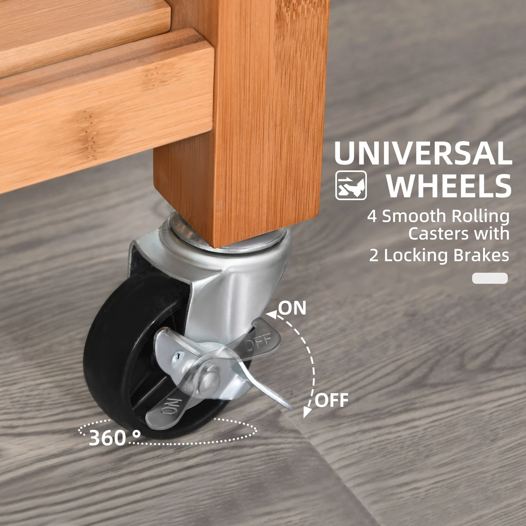 HomCom Bamboo Rolling Kitchen Island Trolley Utility Cart on Wheels, 2 Storage Drawers and Adjustable Shelving with Towel Rack