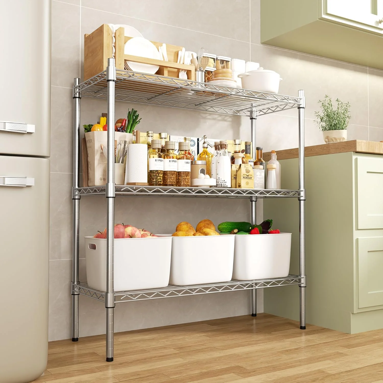 3-Shelf Storage Wire Shelves Heavy Duty 3 Tiers Standing Shelving Units Adjustable Metal Organizer Wire Rack, Chrome