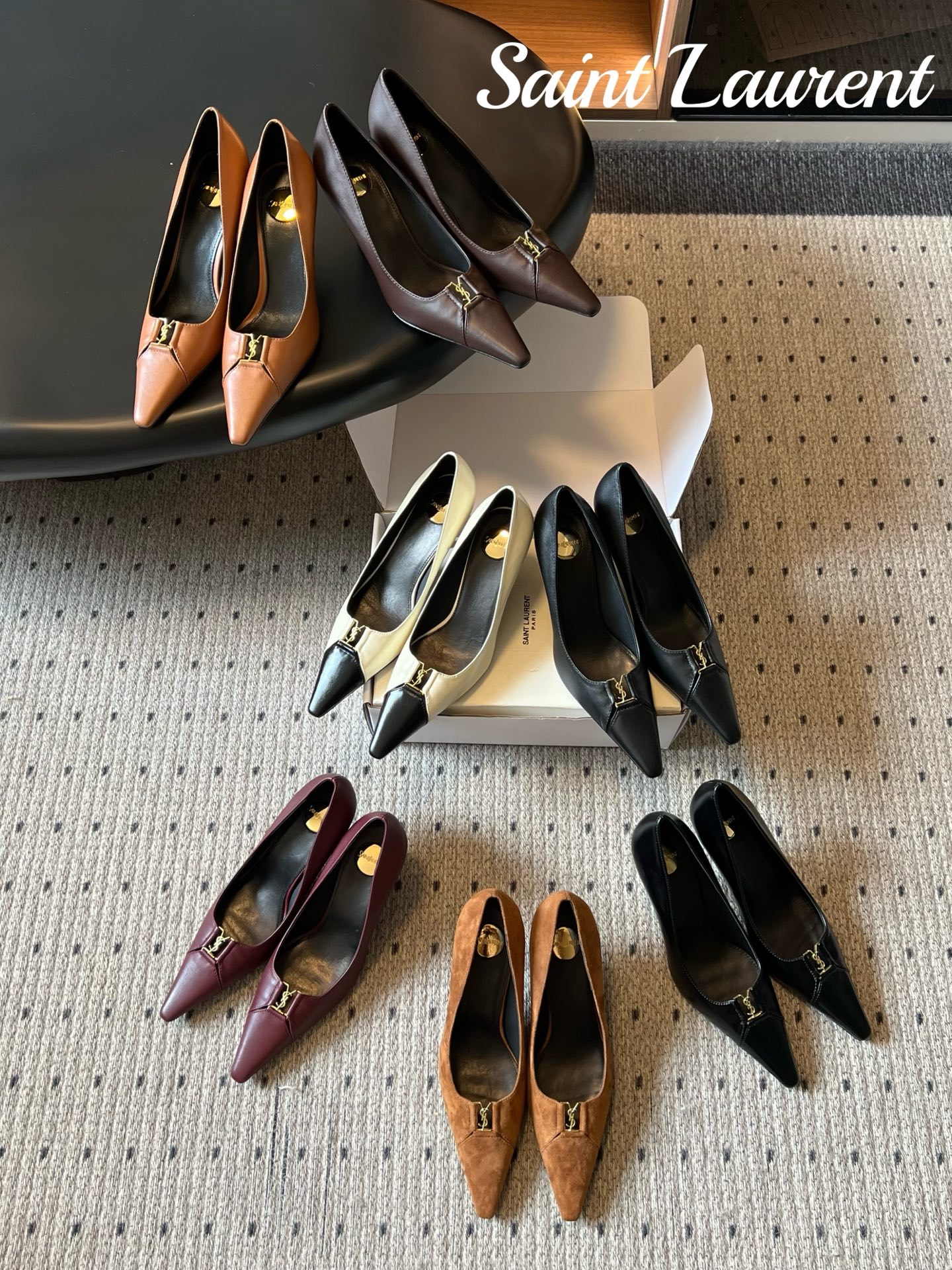 YSL Paris Pointed Toe Smooth/Suede/Oil Wax Leather YSL Logo Stiletto Pumps Heels