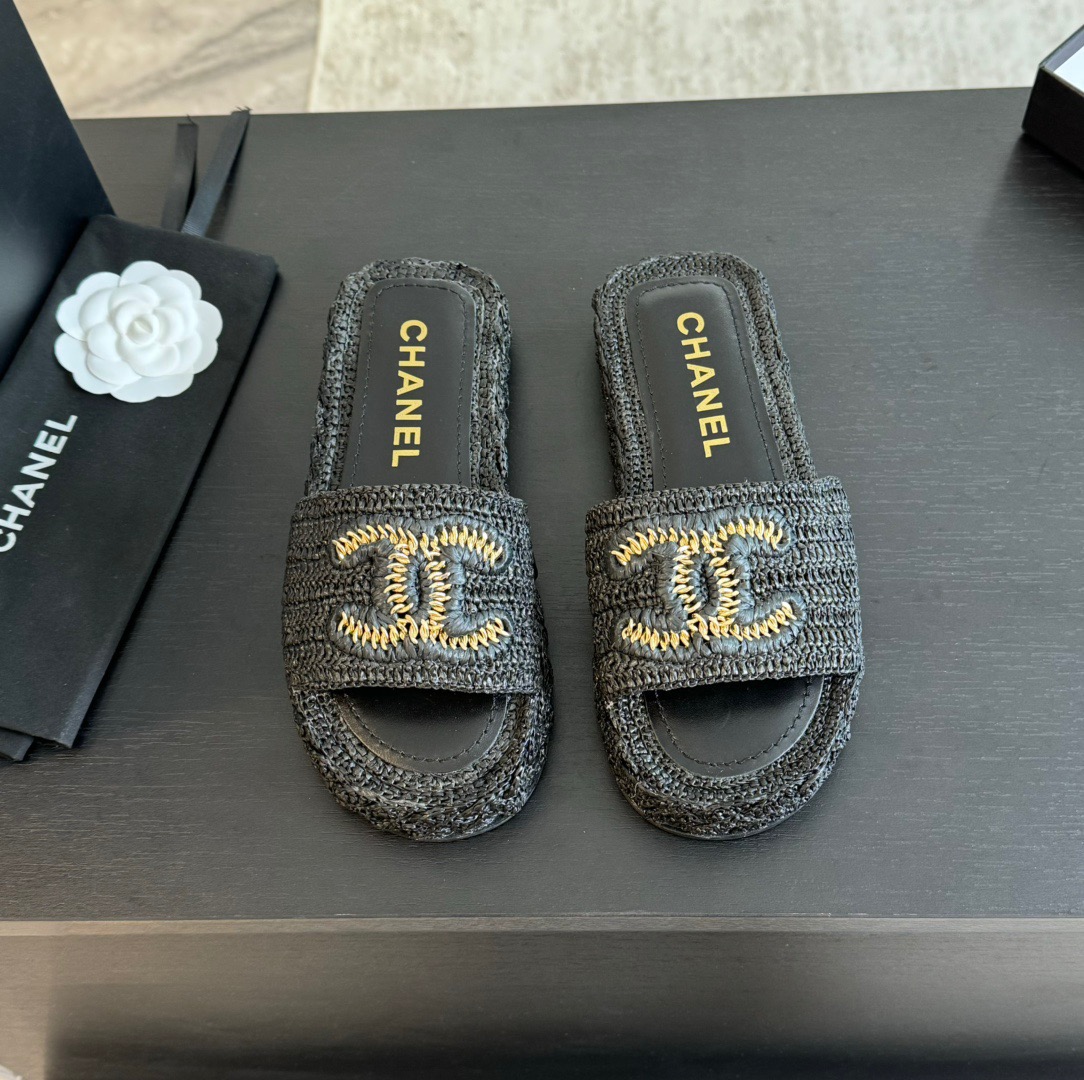 Chanel Black Wicker Slides With Gold CC