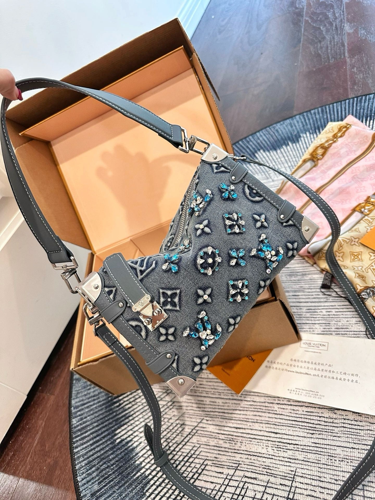 LV Side Trunk MM Grey Blue Crystal Embellished Denim Monogram S-Lock Soft Shoulder Bag