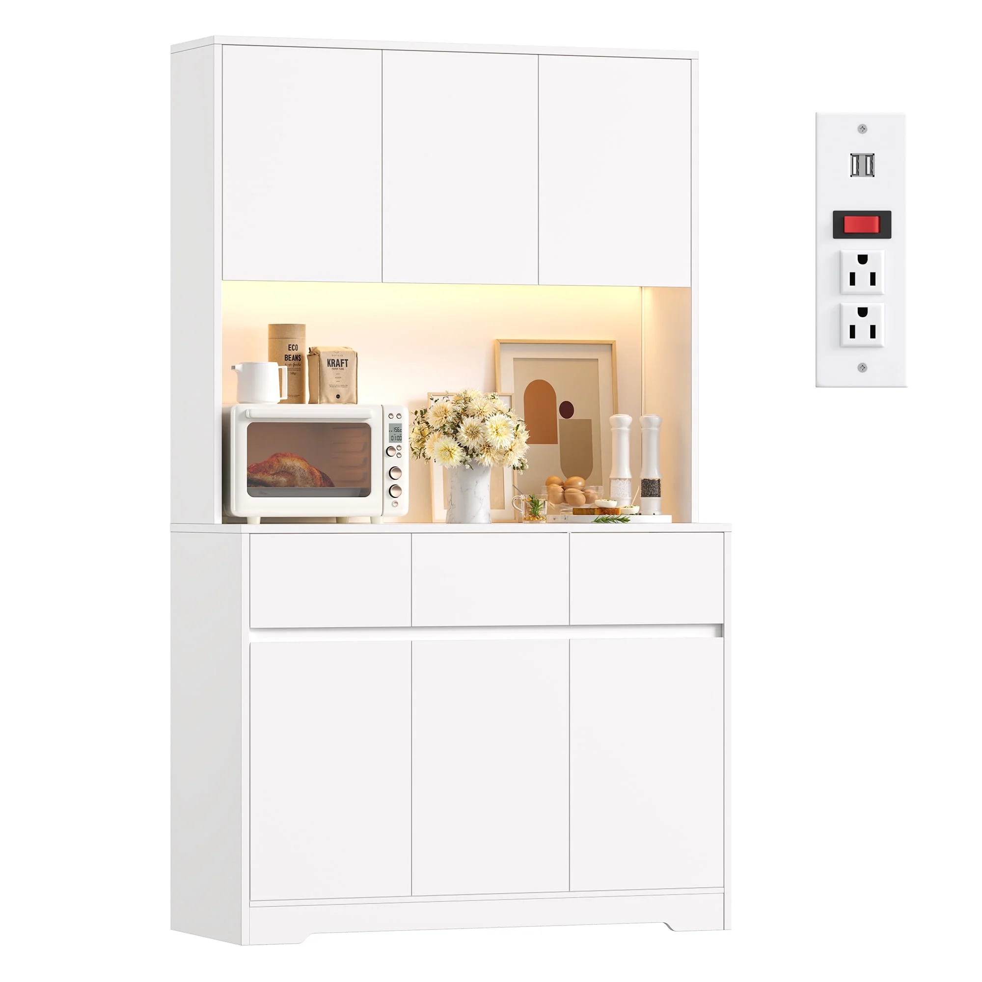 Homfa 70.9'' Tall Kitchen Pantry Cabinet with Charge Station & Led Light, 3 Drawer Storage Cabinet with Adjustable Shelves, White
