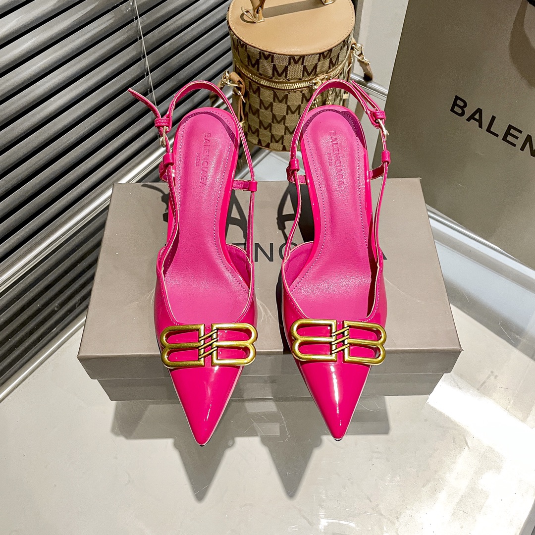 Balenciaga Pointed Toe Gold BB Logo Patent Leather Slingback Pumps Heels