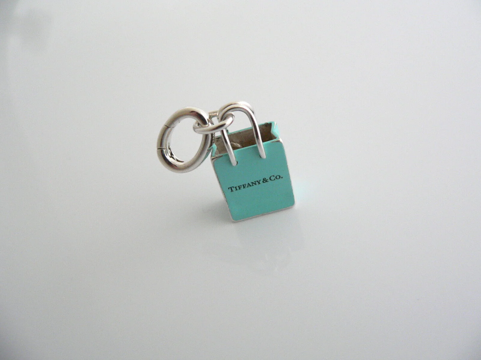 Tiffany & Co Silver Blue Enamel Shopping Bag Charm Pendant Oval Clasp Gift Love