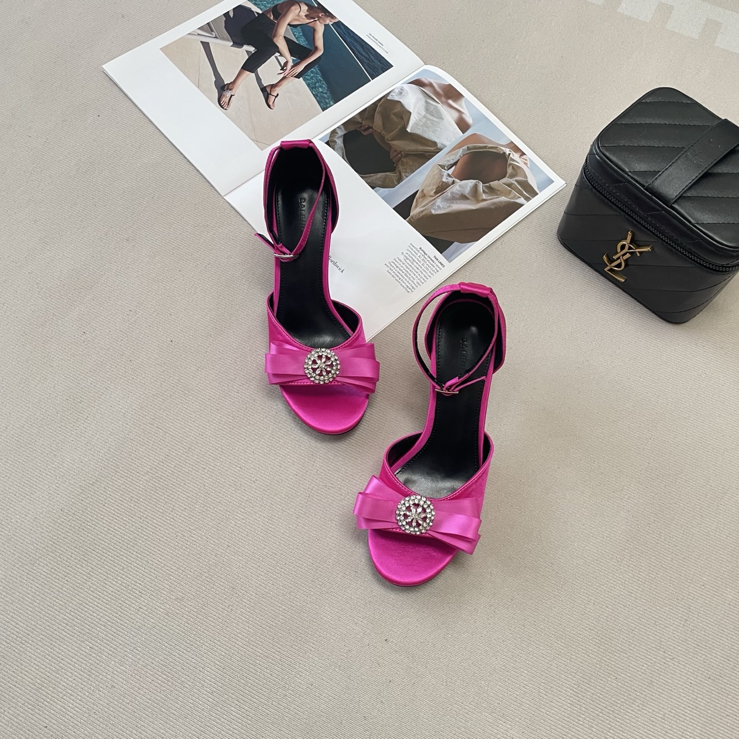 Balenciaga Crystal-Embellished Bow Satin Heels