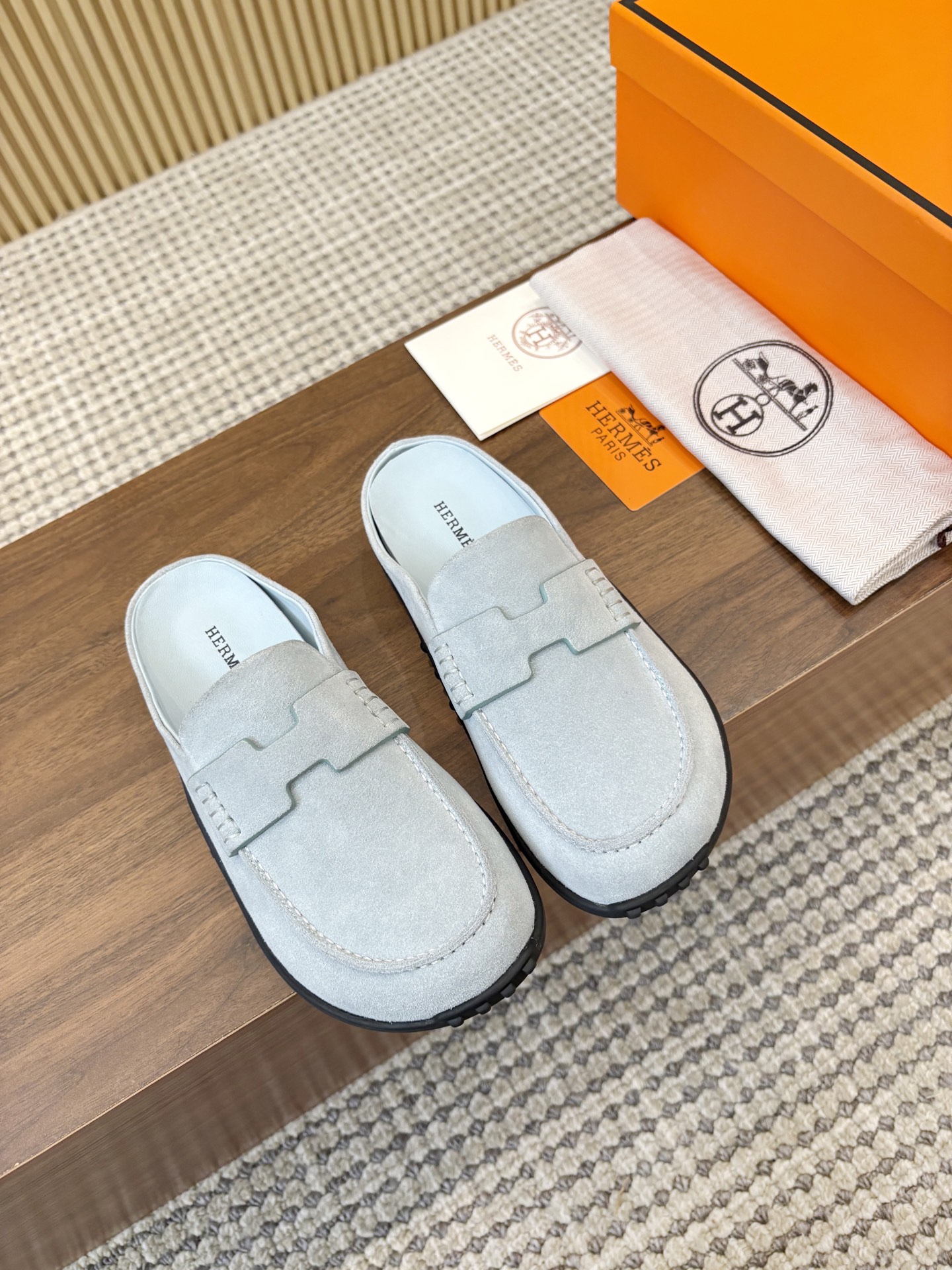 Hermès Light Blue H Cut-Out Suede Leather Go Loafer Mules
