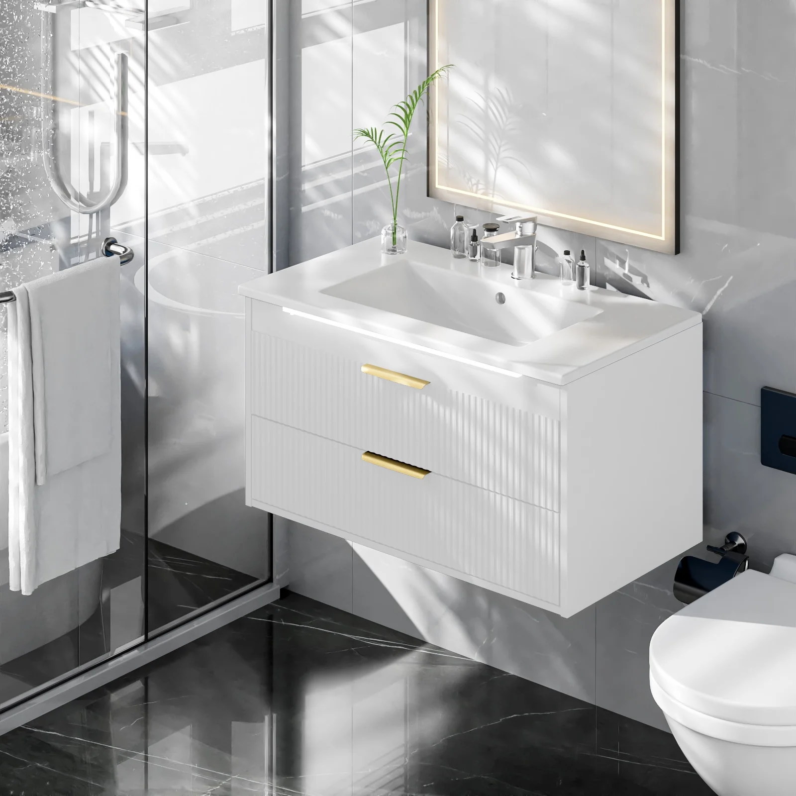 Advwin 30" Wall Mounted Bathroom Vanity with Ceramic Sink, Modern Floating Bathroom Storage Cabinet with Sensor Light & 2 Extra Large Drawers, White