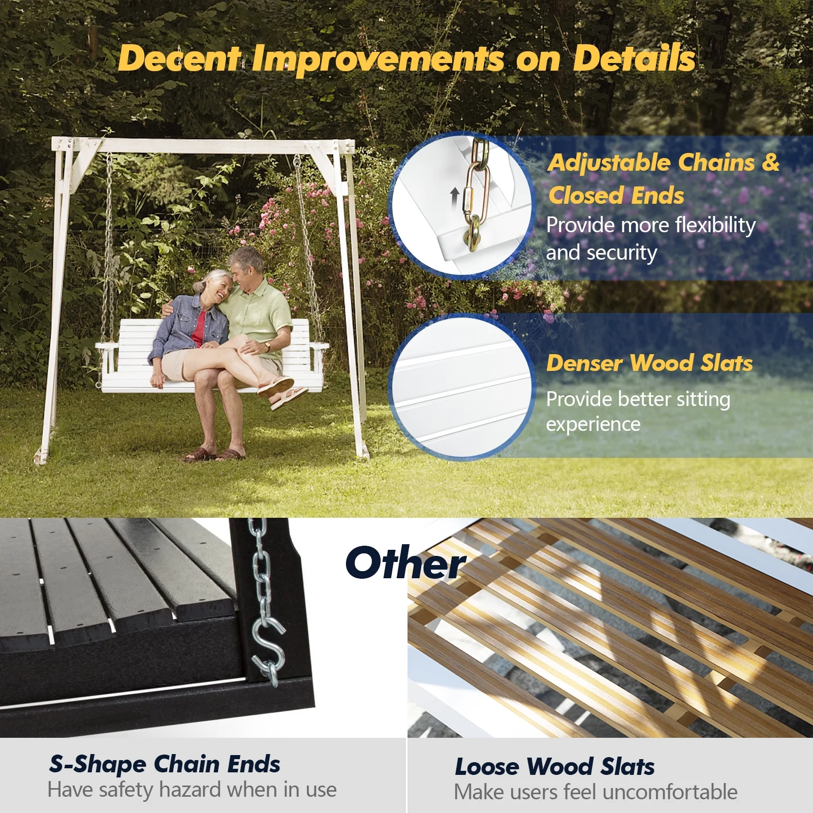 Zimtown Patio Wooden Porch Swing Swing Chair Bench Heavy Duty 880lbs with Hanging Chains for Outdoors,4 FT, White