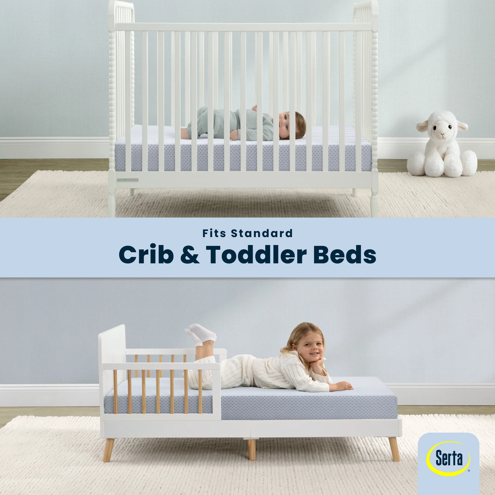 Serta SleepTrue Sparkling Sky Breathable Baby Bed Crib Mattress and Toddler Mattress with Removable/Machine Washable Cover - GREENGUARD Gold a?? Waterproof - Sustainably Sourced Core Fiber Core, Blue